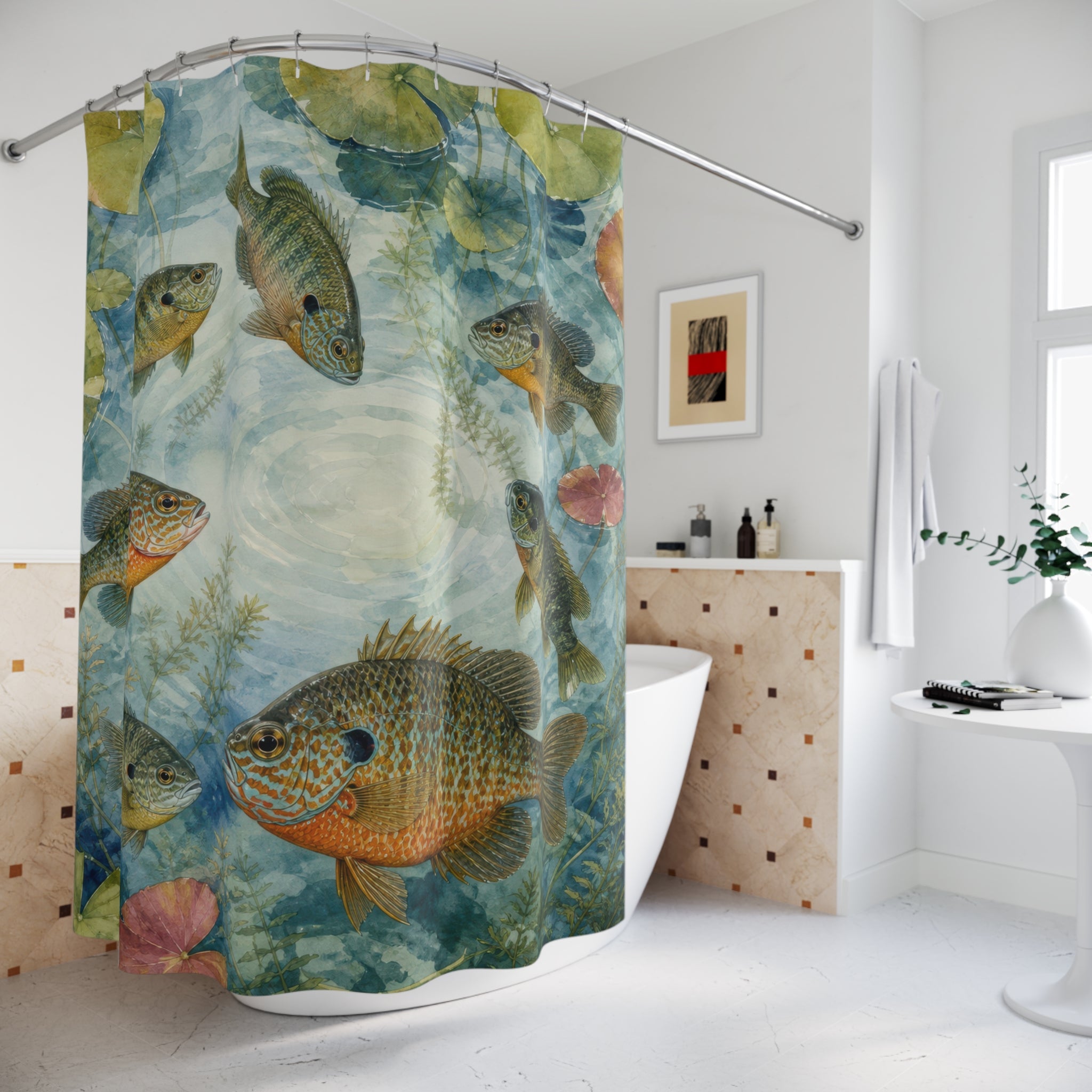 Colorful bluegill and sunfish circling beneath lily pads shower curtain beside a freestanding tub