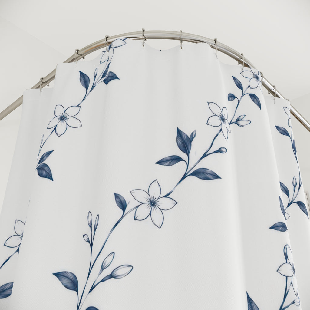 White jasmine flowers on fine navy trailing stems shower curtain with close-up print, hooks, and folds