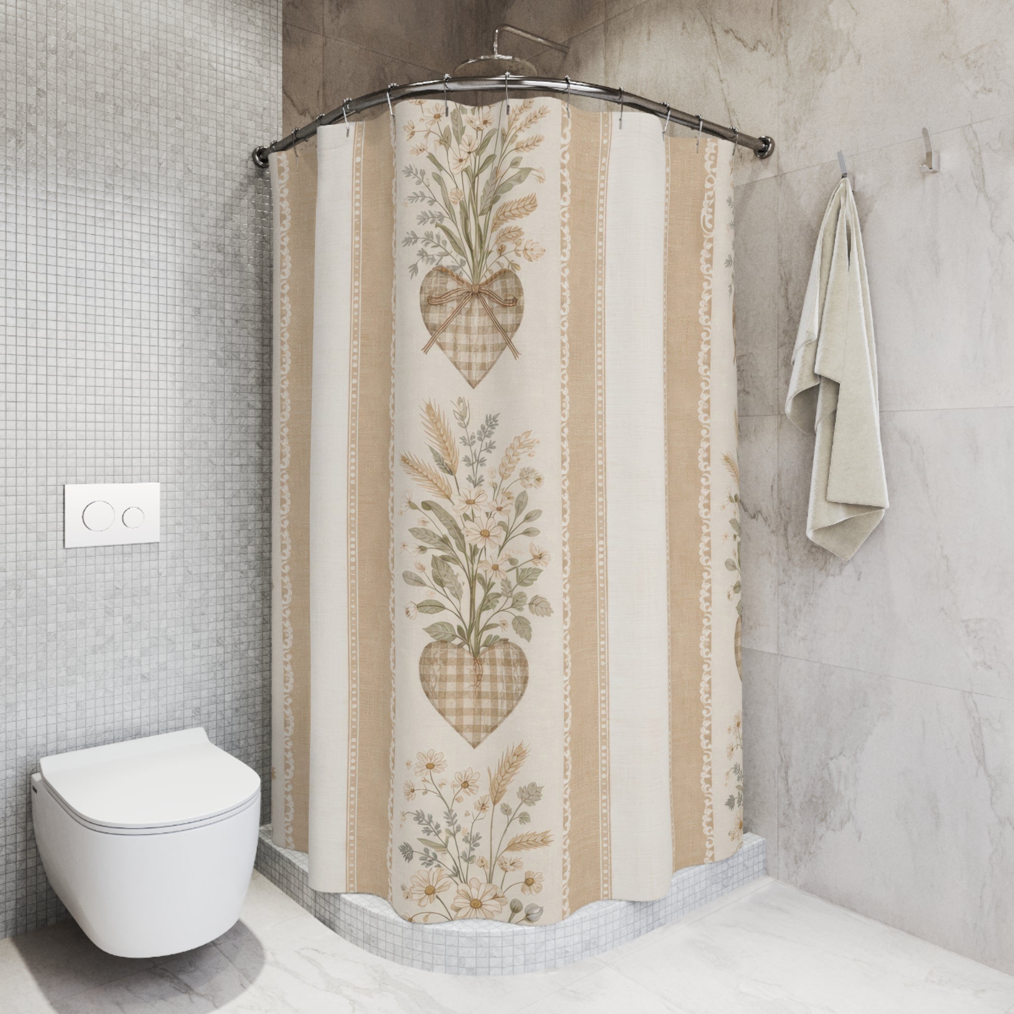 Farmhouse Floral Shower Curtain – Beige Gingham
