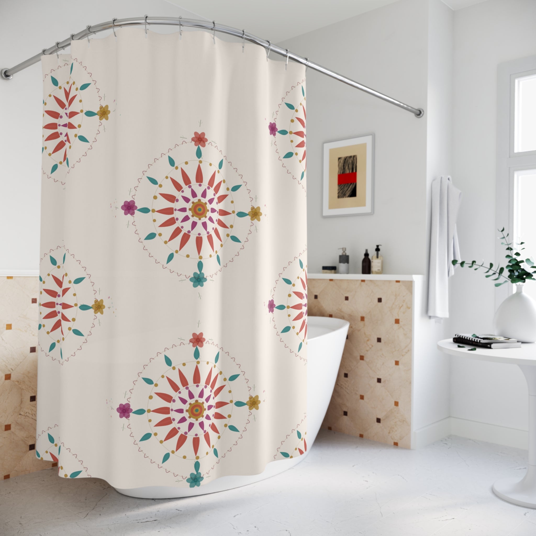 Colorful Boho Suzani Shower Curtain — Teal Coral
