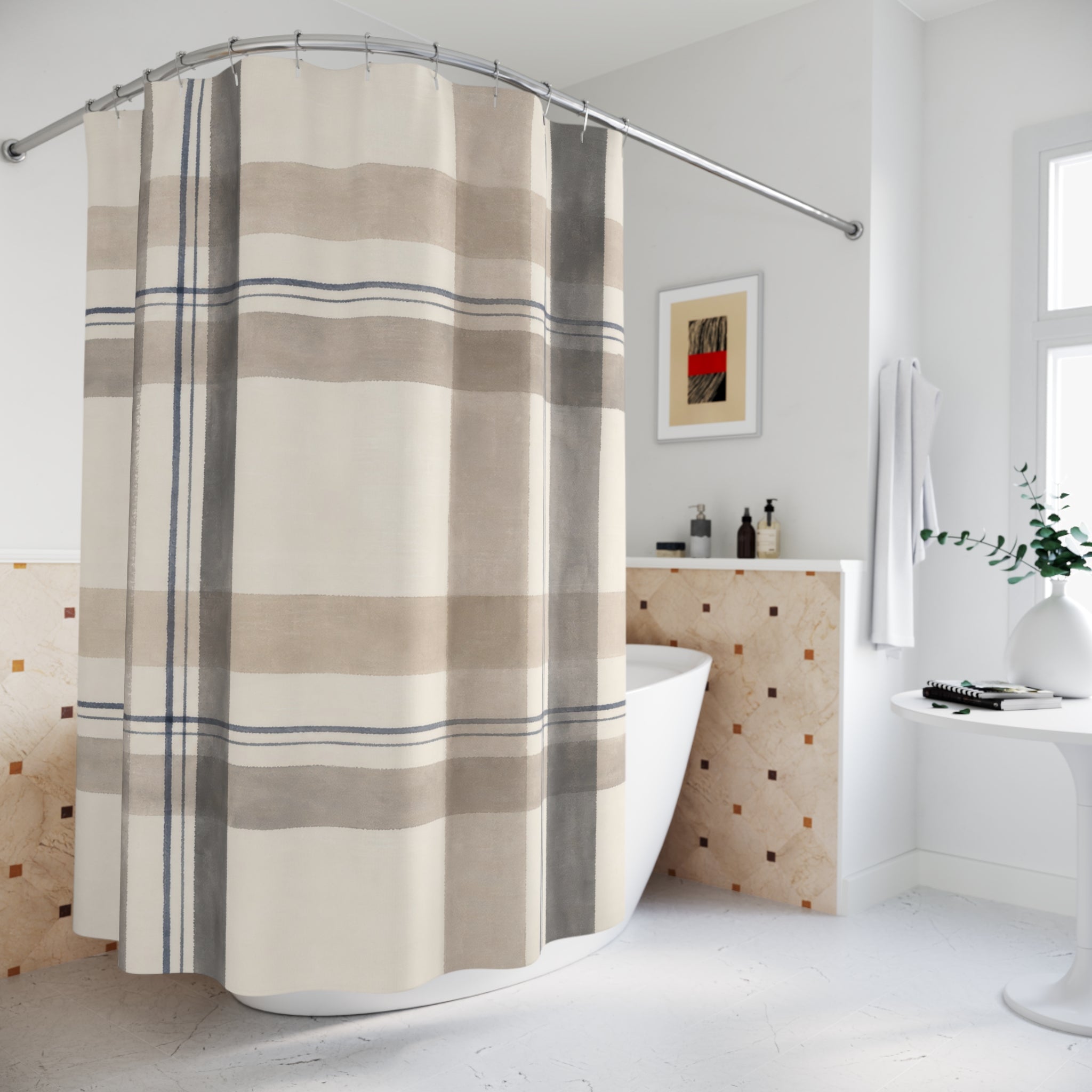 Black Beige Fine Check Shower Curtain