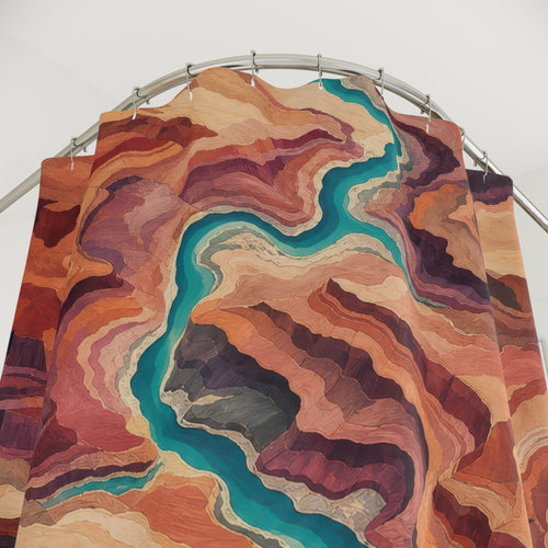 Aerial Canyon Topography shower curtain with close-up print, hooks, and folds