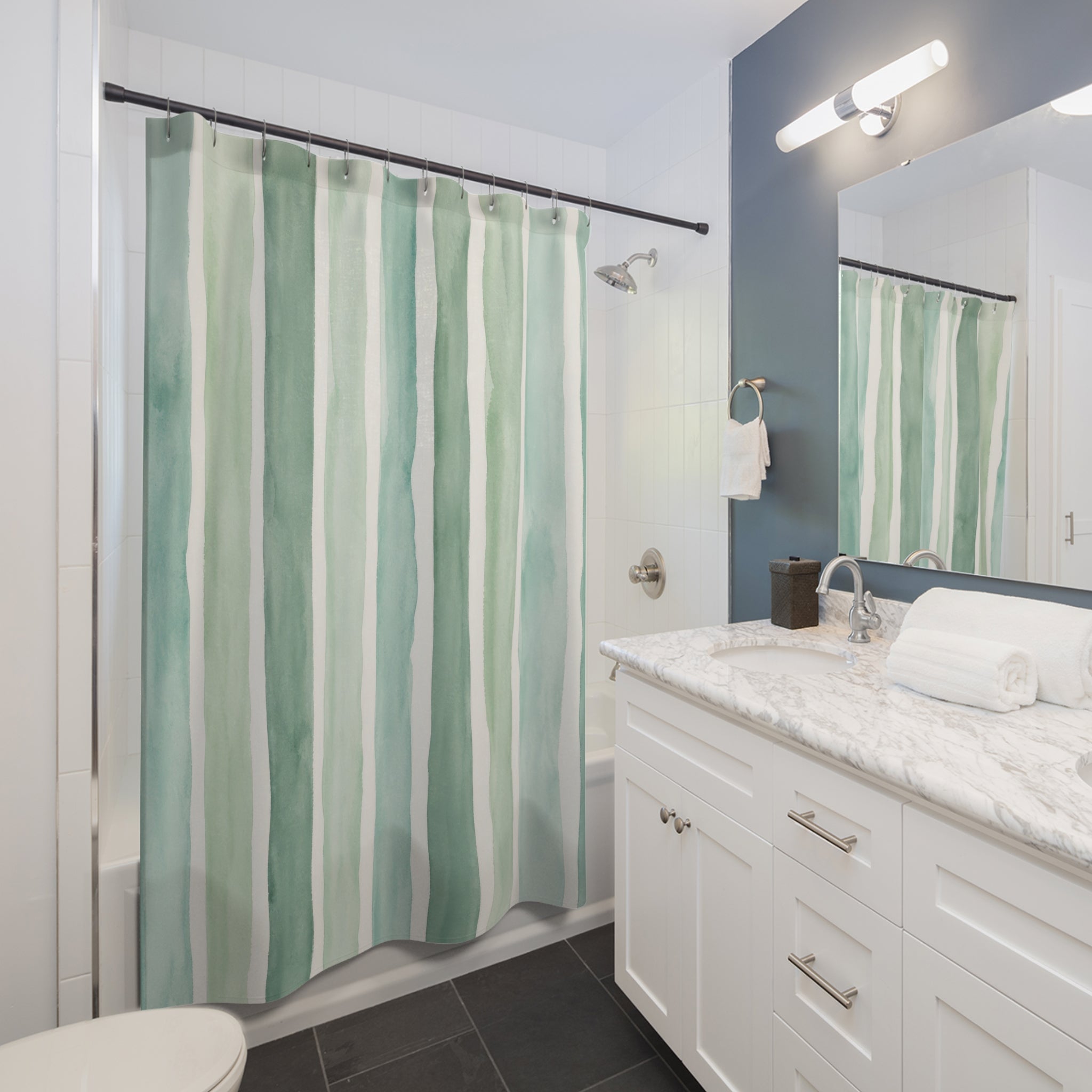 Aqua Mint Green Brush Stripe Shower Curtain