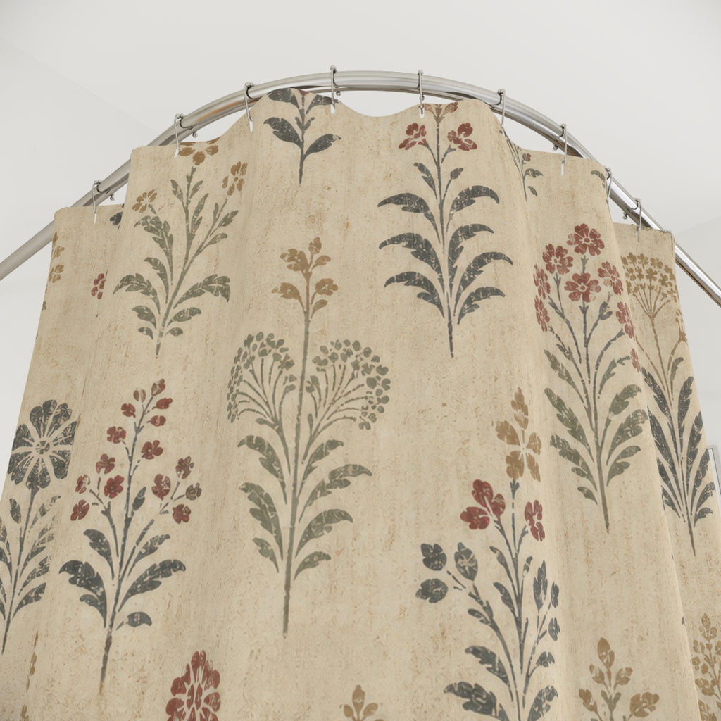 Cream Folk Sprig Farmhouse Floral Shower Curtain
