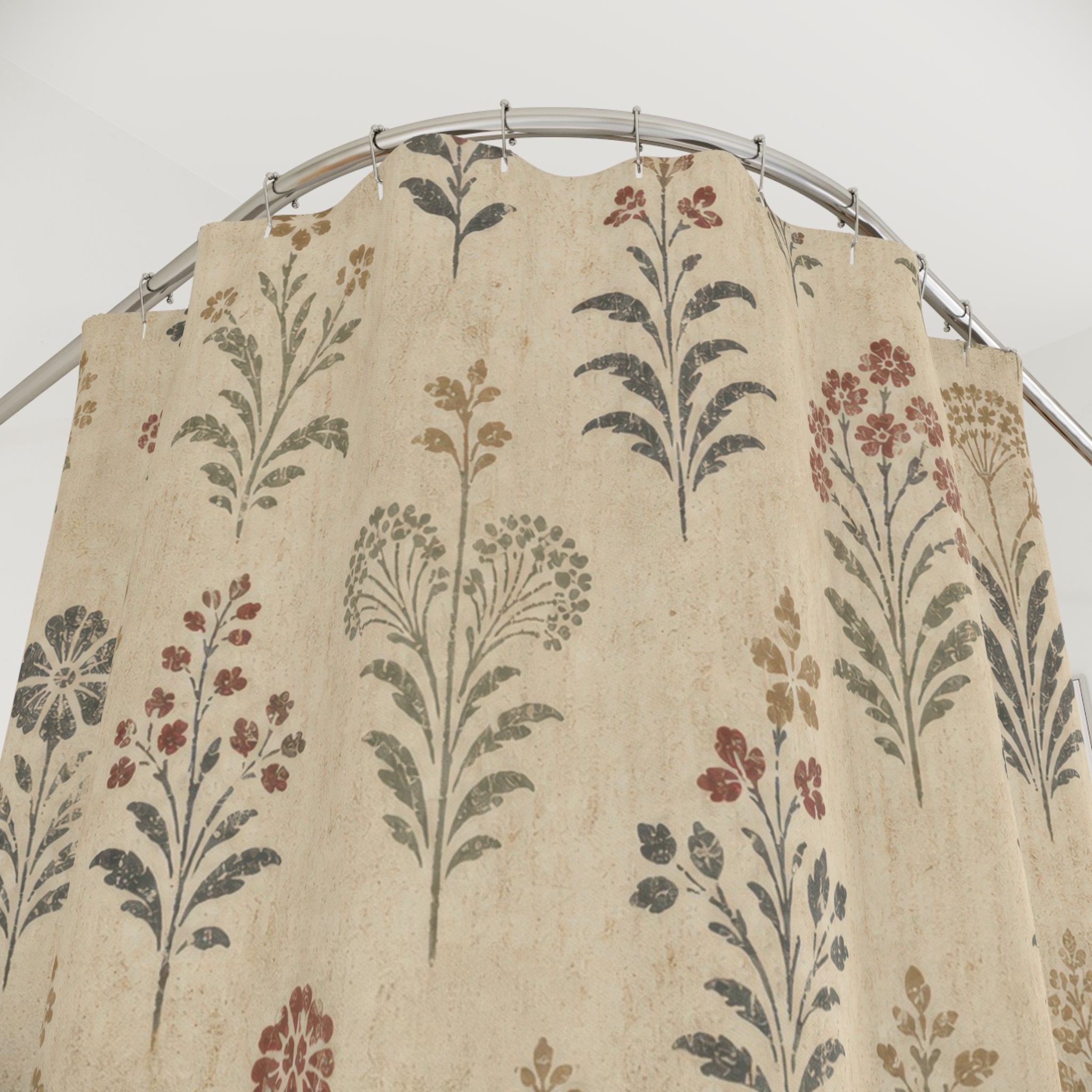 Cream Folk Sprig Farmhouse Floral Shower Curtain