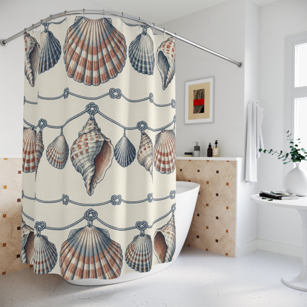 Navy and rust shell garlands with navy knots on ivory shower curtain beside a freestanding tub