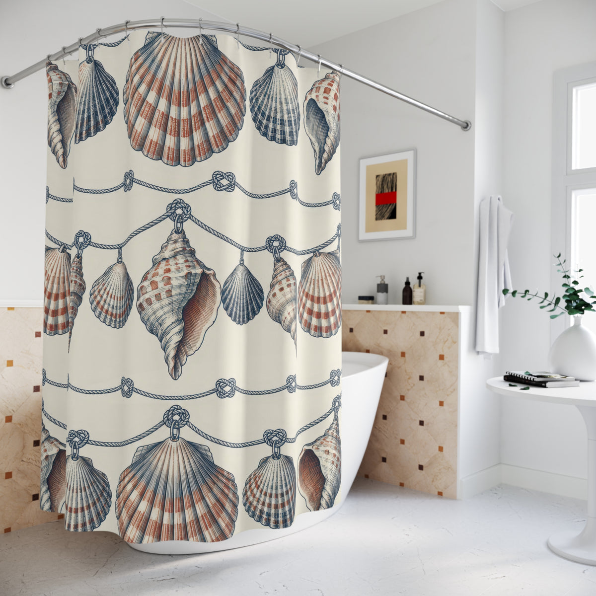 Navy and rust shell garlands with navy knots on ivory shower curtain beside a freestanding tub