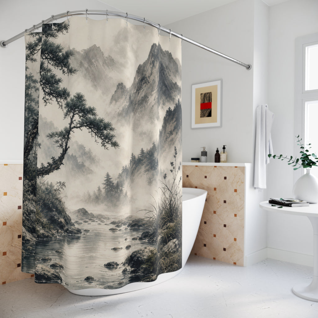 Ink Wash Mountain River Shower Curtain