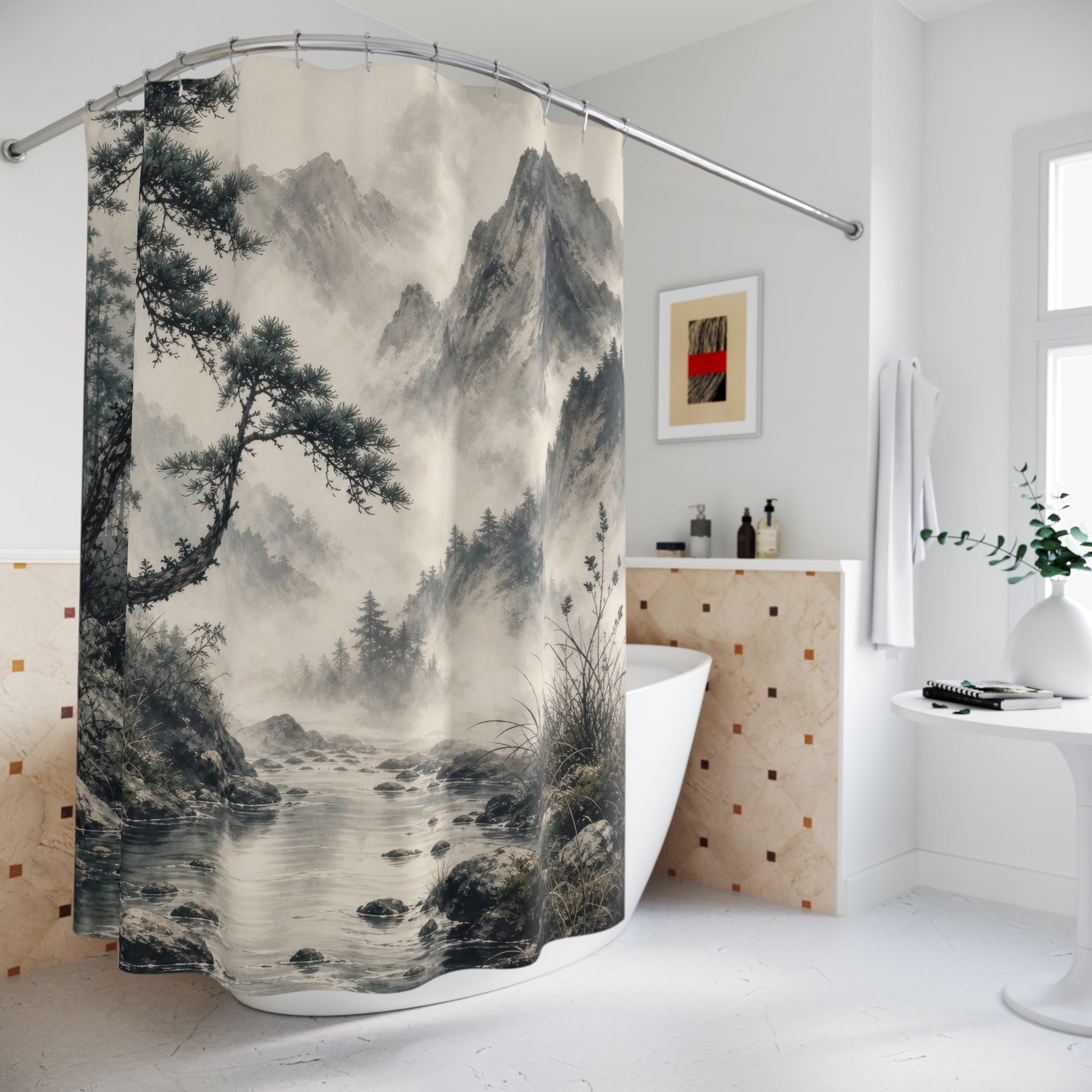 Ink Wash Mountain River Shower Curtain