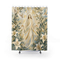 Jesus Shower Curtain, Christian Floral Lily Scene, Religious Bathroom Decor, Peaceful Guest Bath Inspirational Art Style