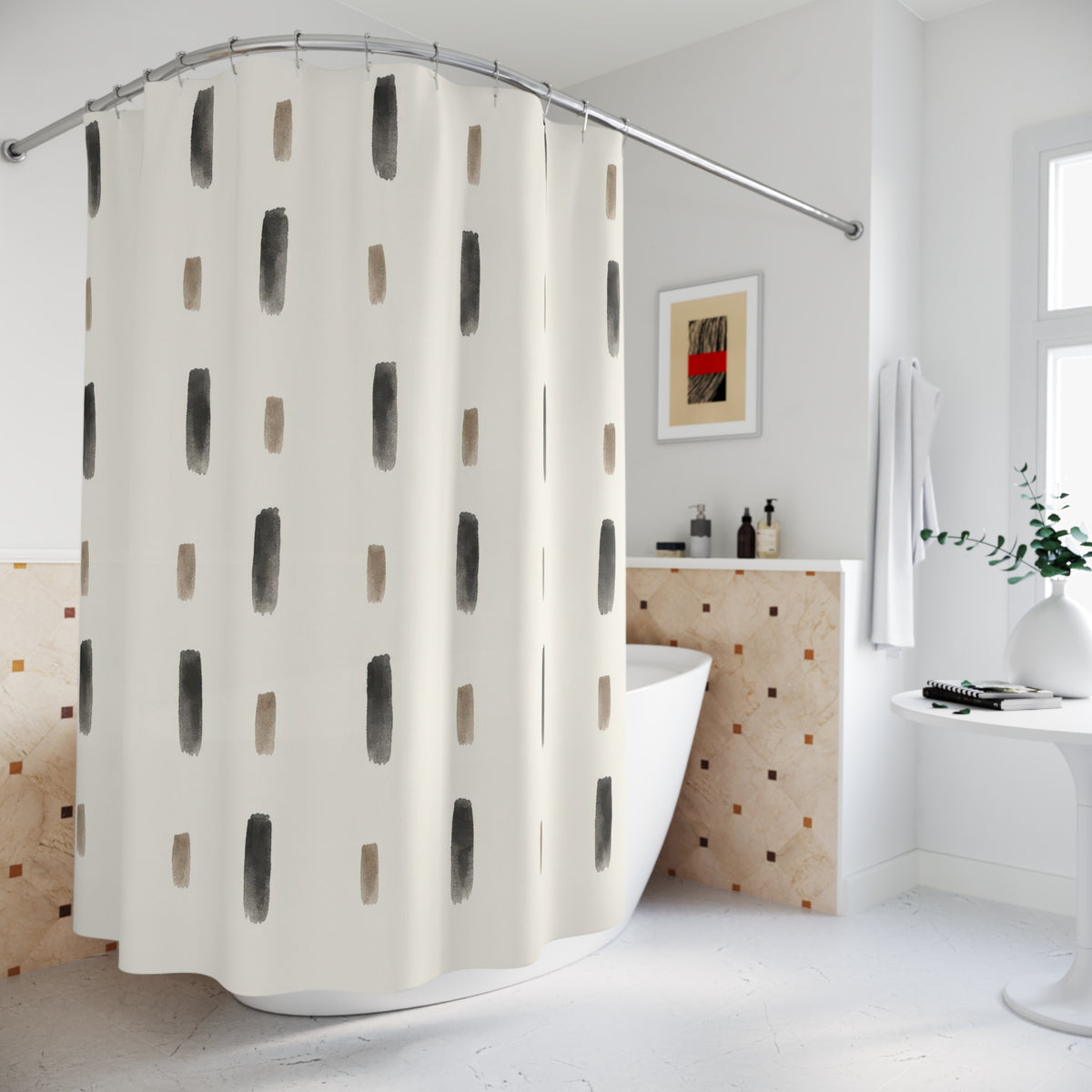 Charcoal and taupe ink dashes in spaced rows on ivory shower curtain beside a freestanding tub