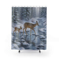 Doe and fawn crossing icy creek shower curtain with full front view
