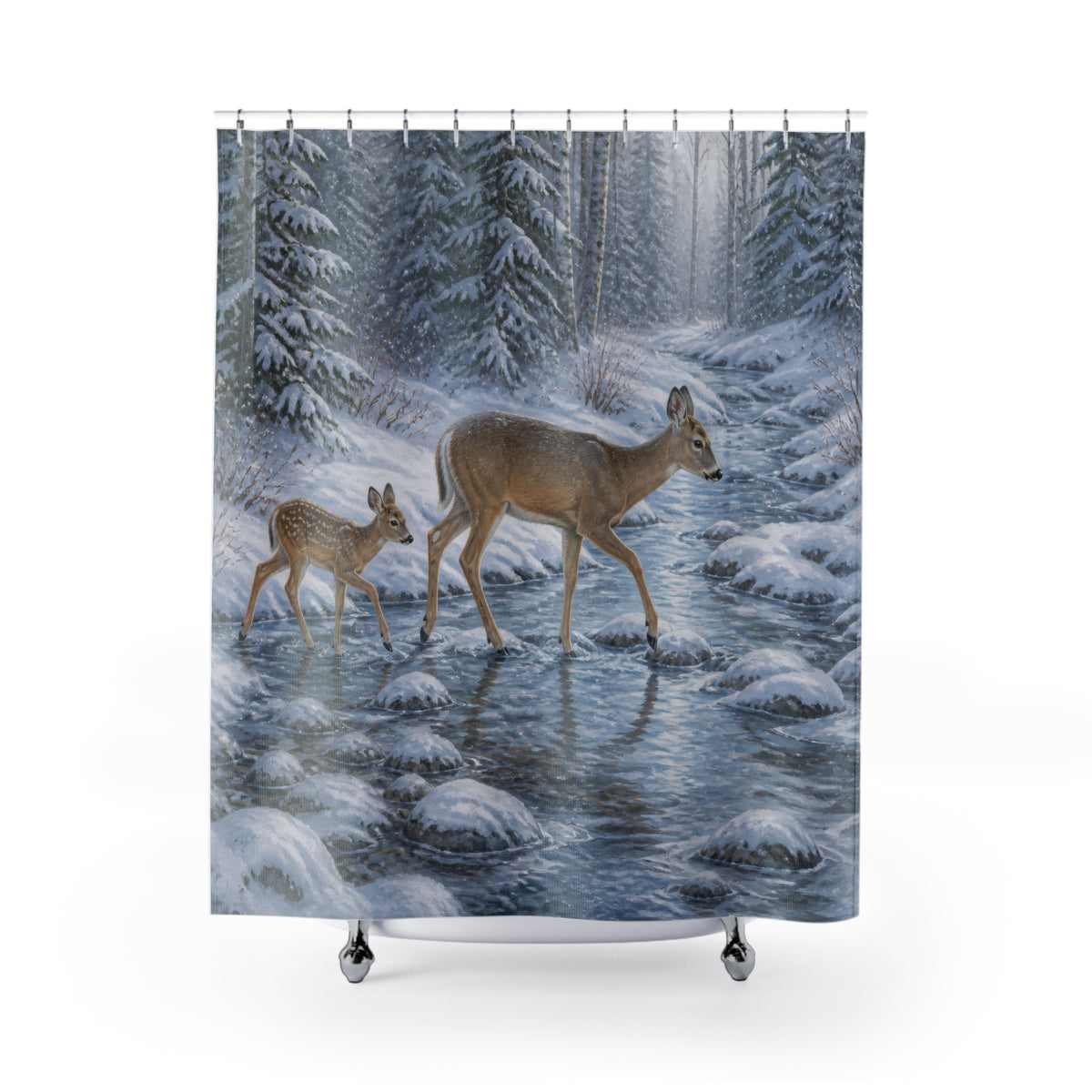 Doe and fawn crossing icy creek shower curtain with full front view