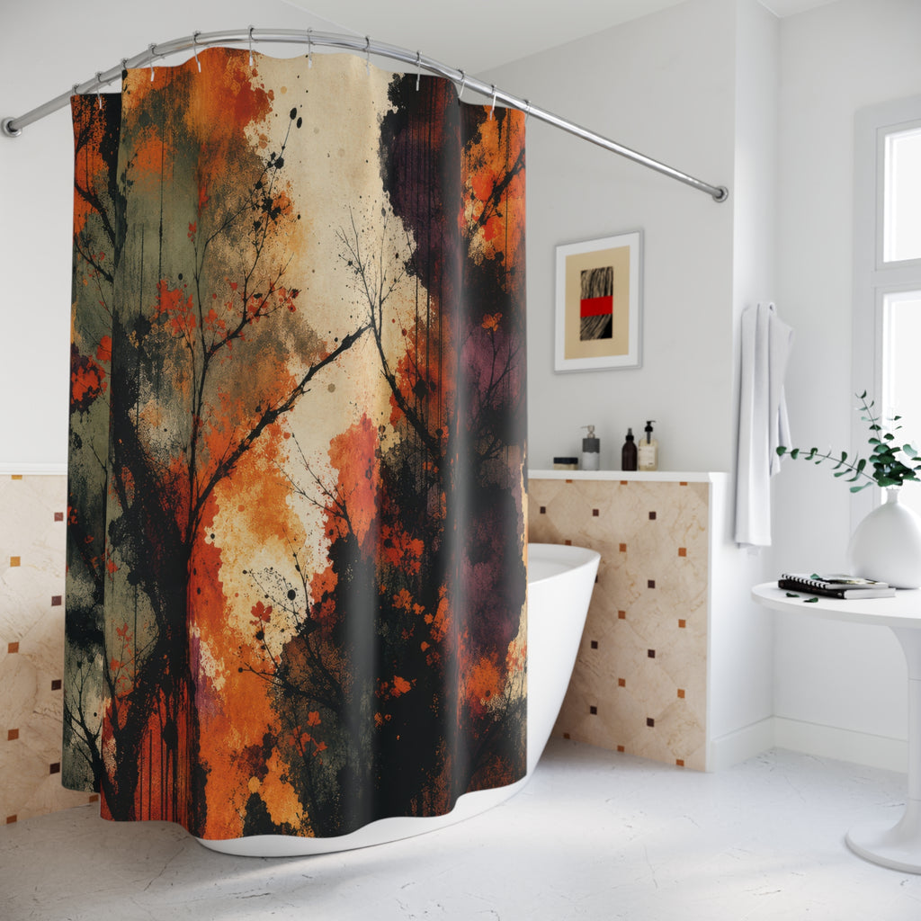 Nature Inspired Shower Curtain, Orange Black Abstract Trees, Autumn Forest Bathroom Decor, Moody Botanical Art, Dark Guest Bath, Modern Bath