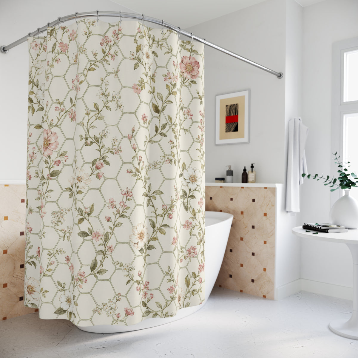 Pale Honeycomb Lattice Flower pink shower curtain beside a freestanding tub