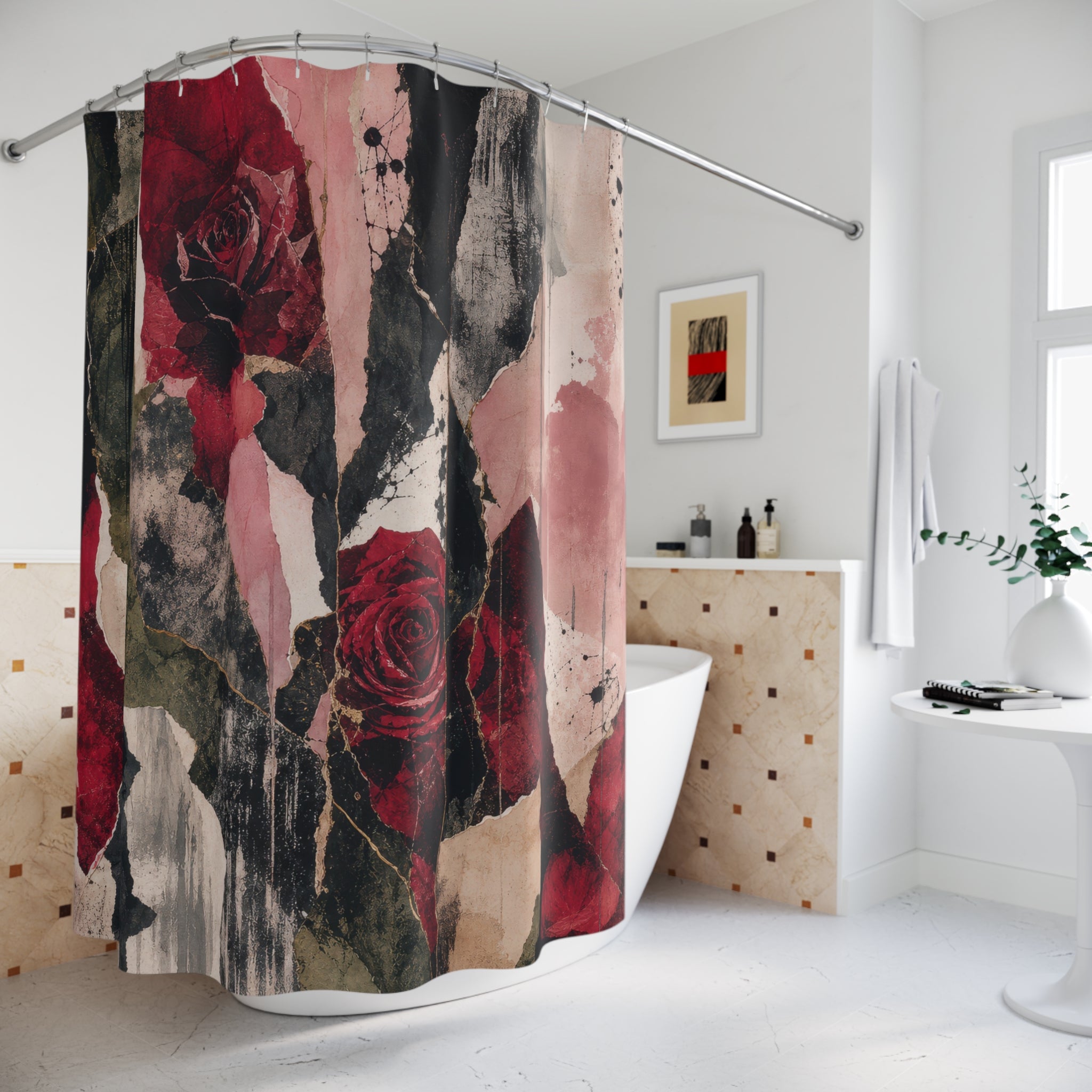 Dark Floral Shower Curtain, Red Rose Abstract Art, Black White Bathroom Decor, Moody Botanical Bath, Modern Romantic Decor, Guest Bath