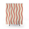 Coral wavy stripes with burgundy lines on cream shower curtain with full front view