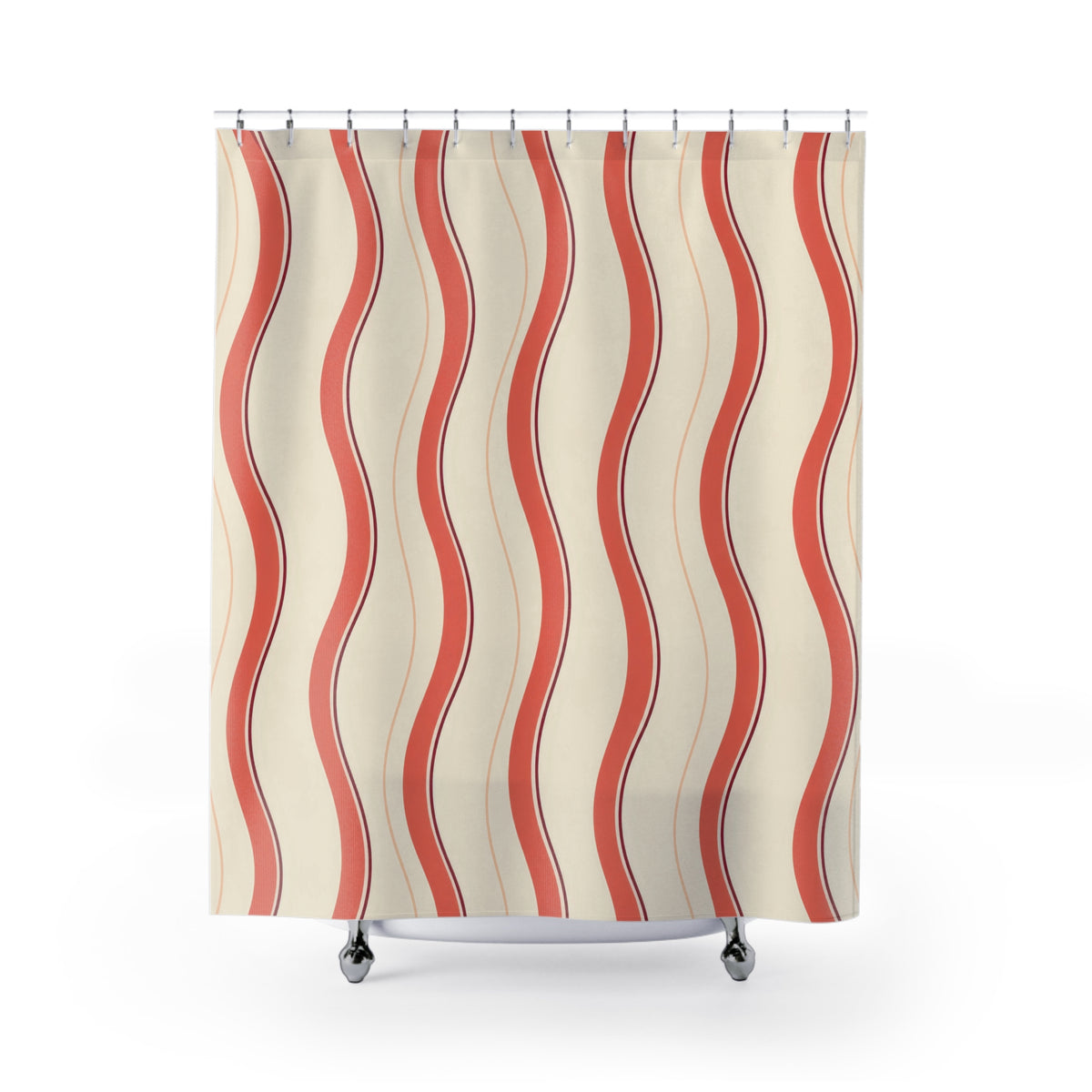 Coral wavy stripes with burgundy lines on cream shower curtain with full front view