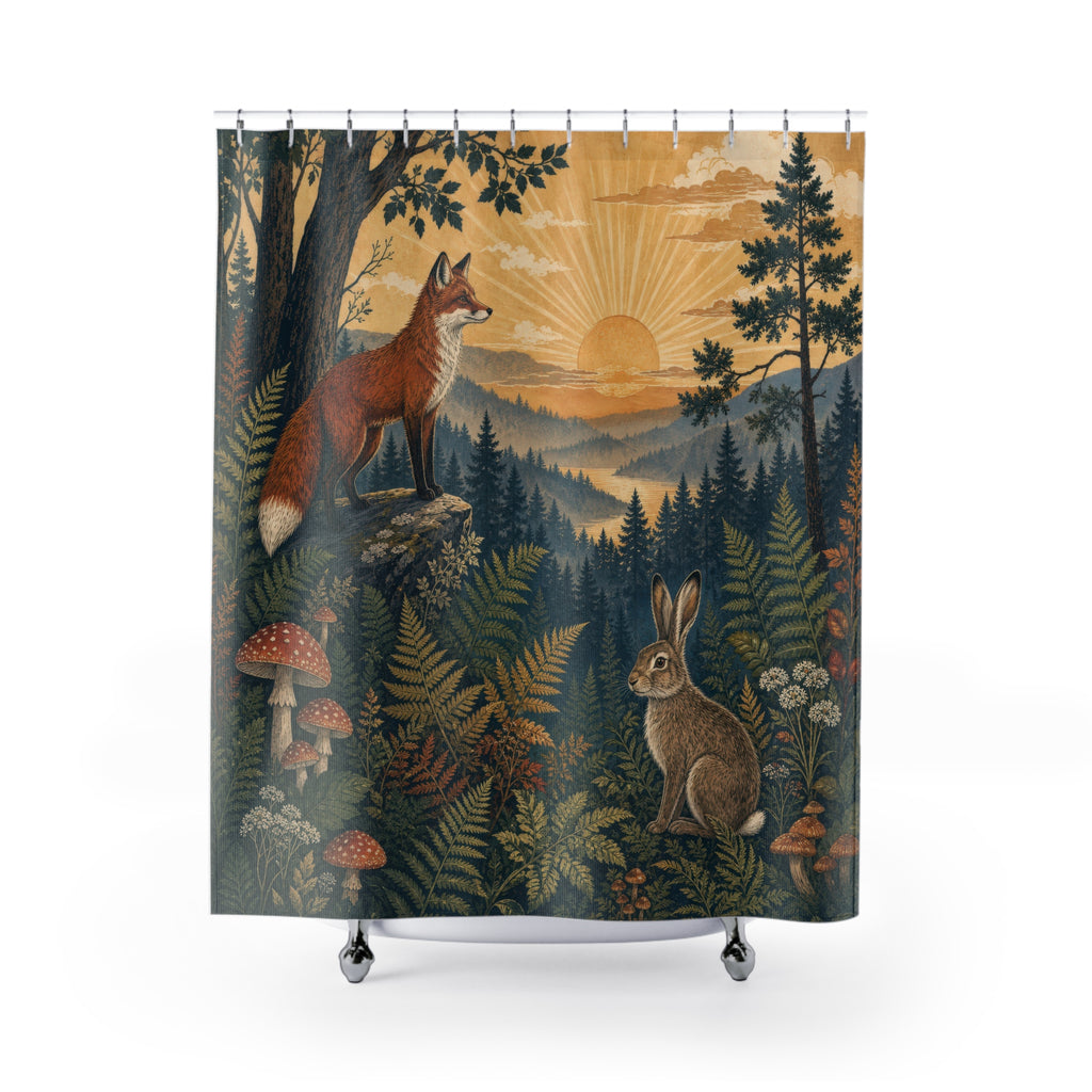 Woodland Sunrise Fox and Hare Shower Curtain
