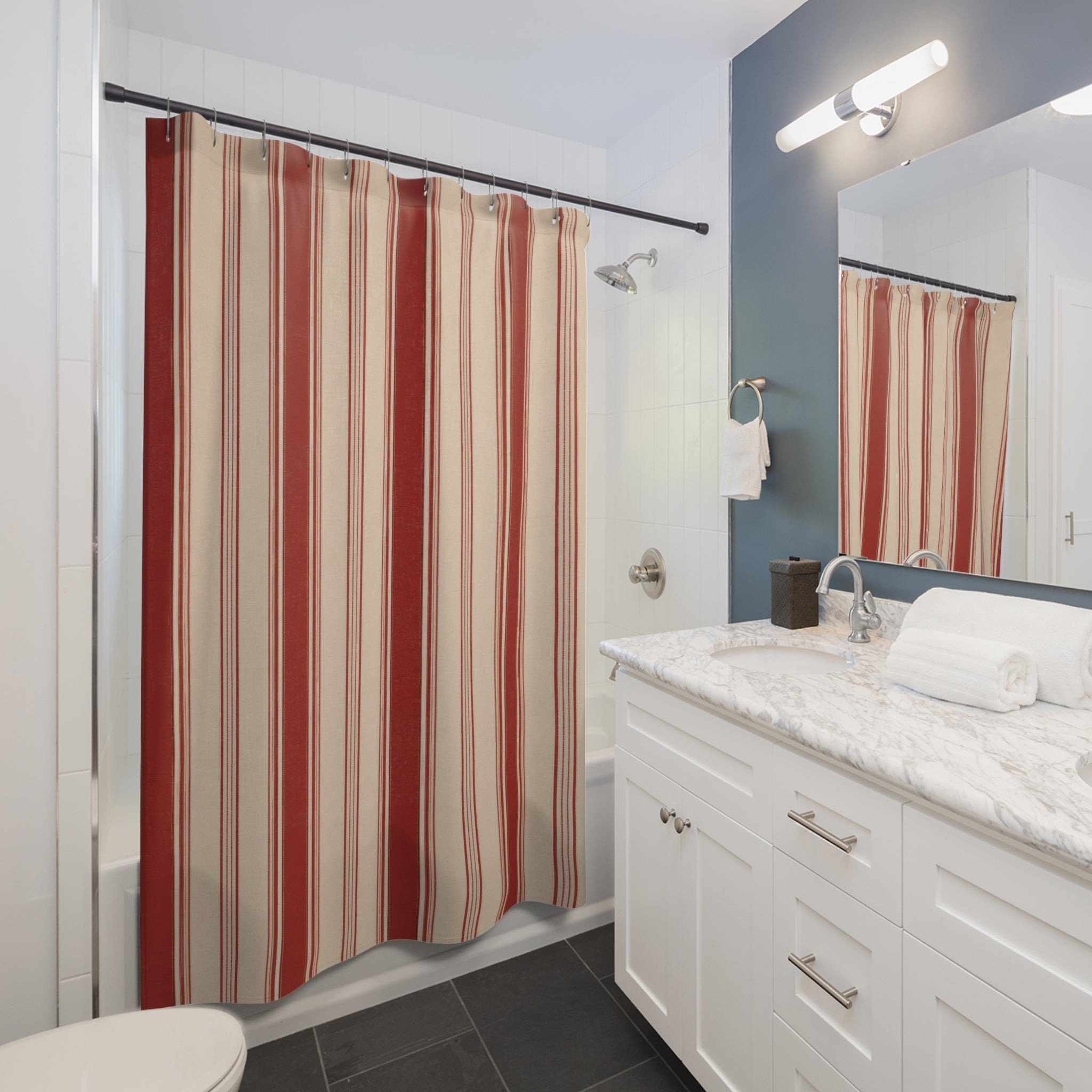 Red White Vintage Hotel Stripe Shower Curtain