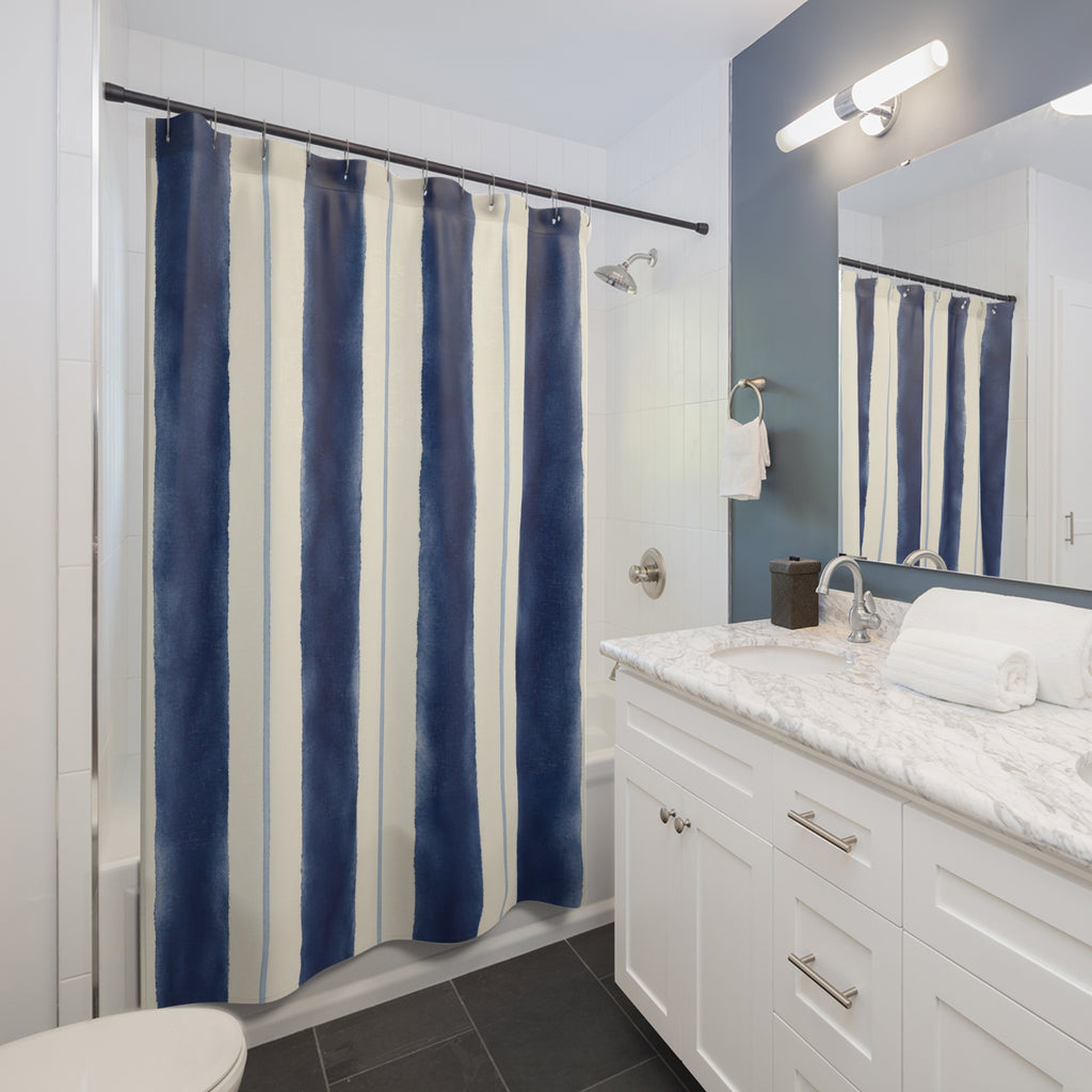 Navy Indigo Cream Brush Stripe Shower Curtain