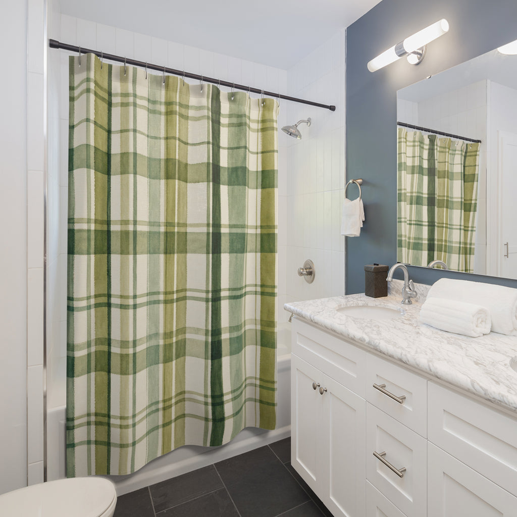 Olive Cream Farmhouse Check Shower Curtain
