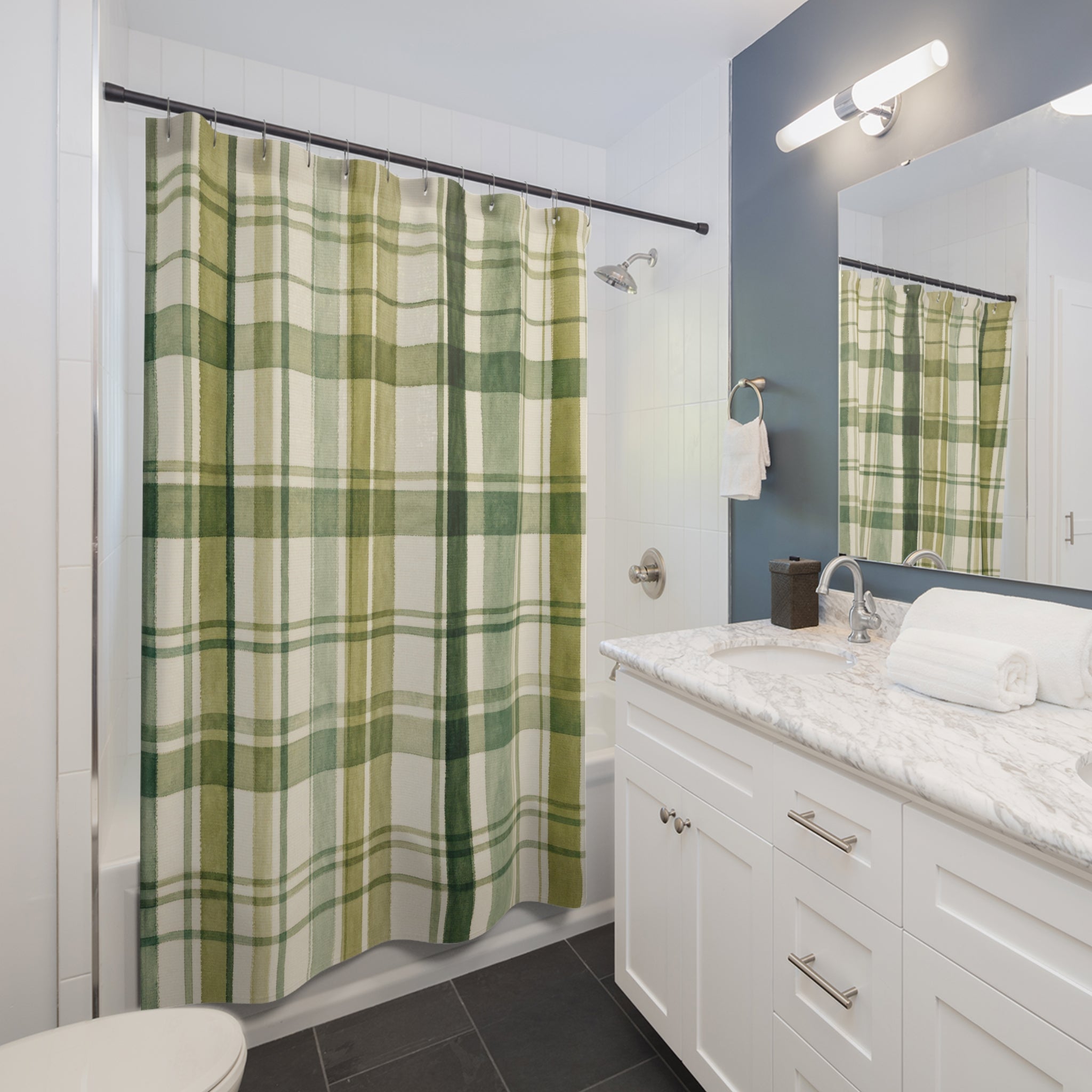 Olive Cream Farmhouse Check Shower Curtain