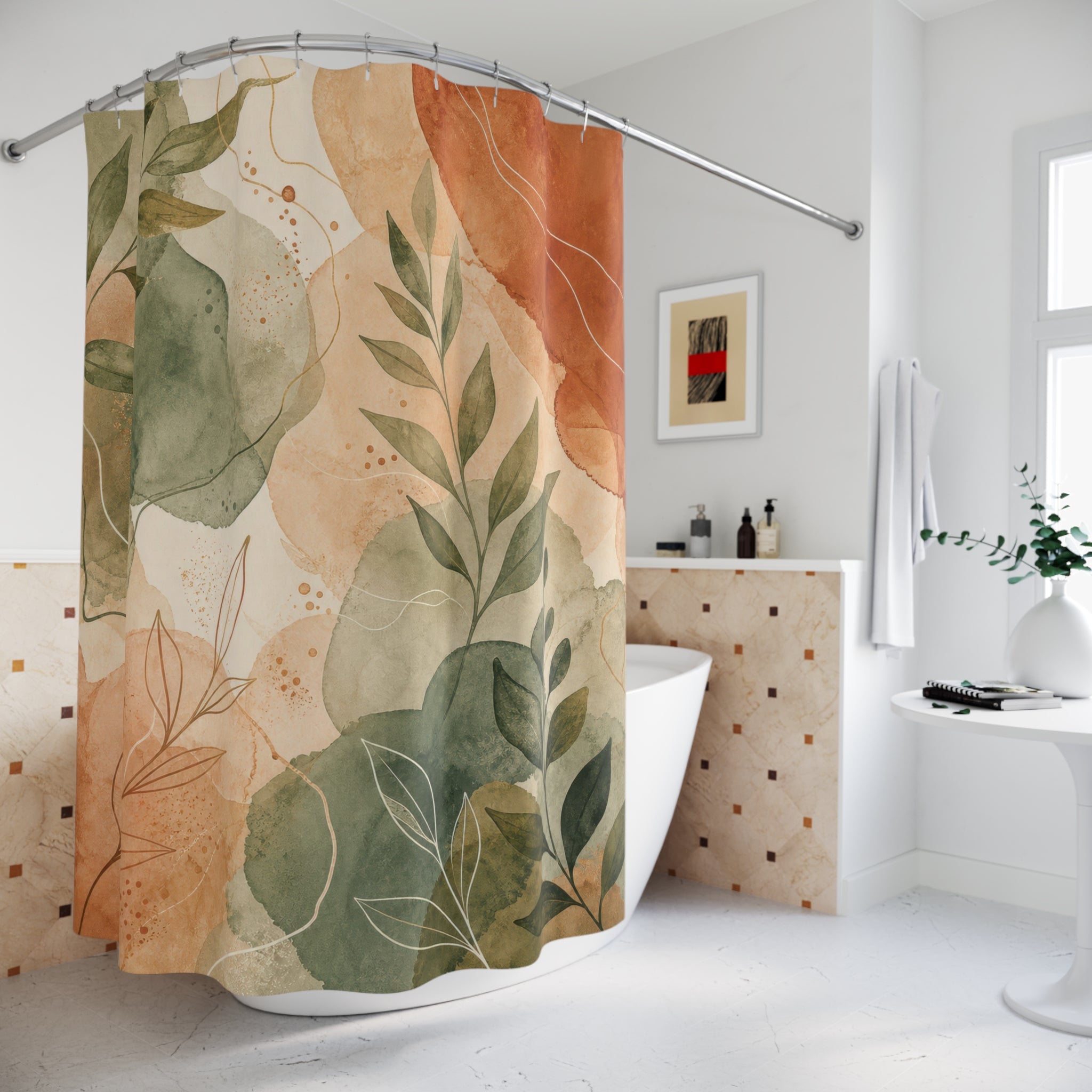 Green Botanical Terracotta Sage Watercolor Floral Shower Curtain