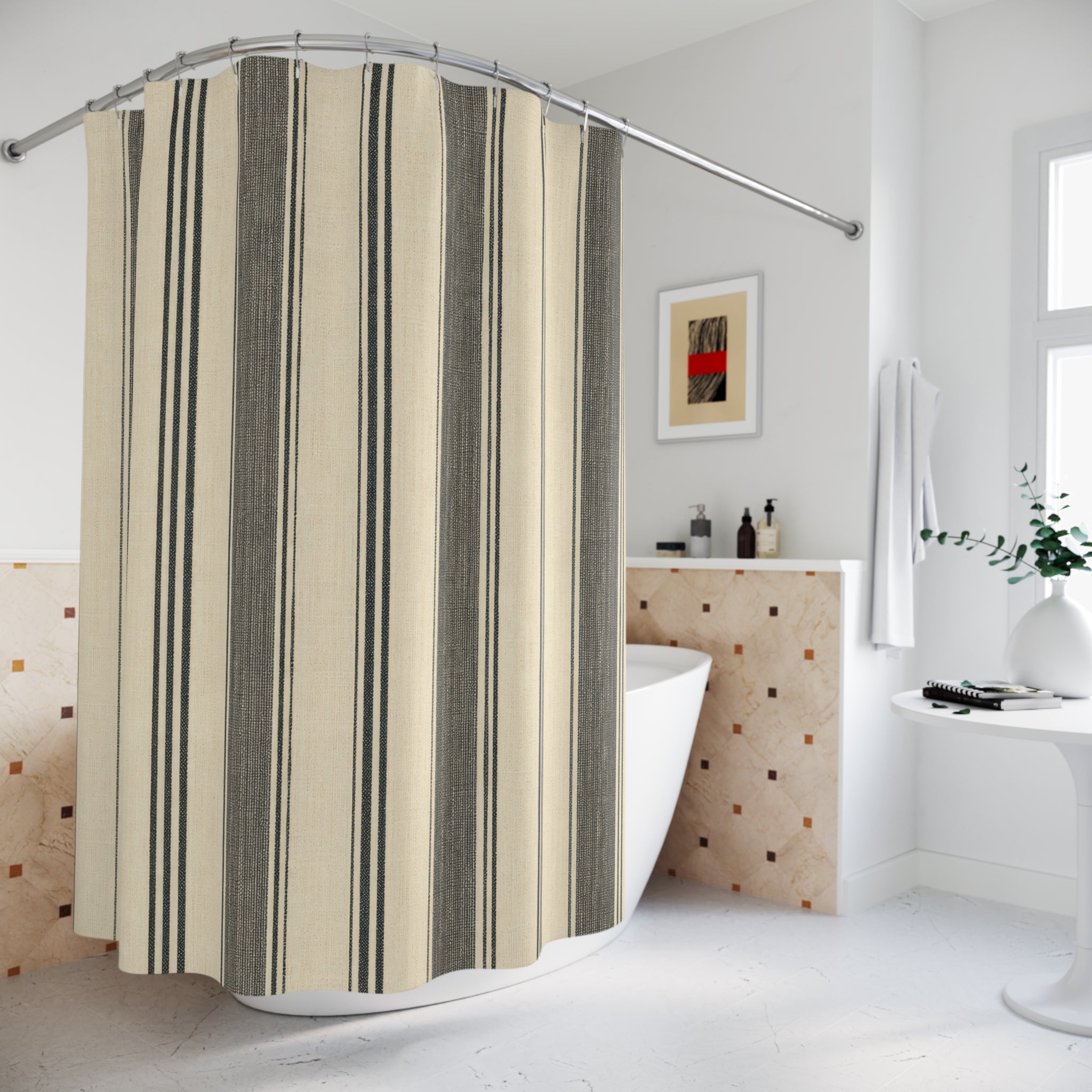 Warm Black Ticking Stripe Shower Curtain