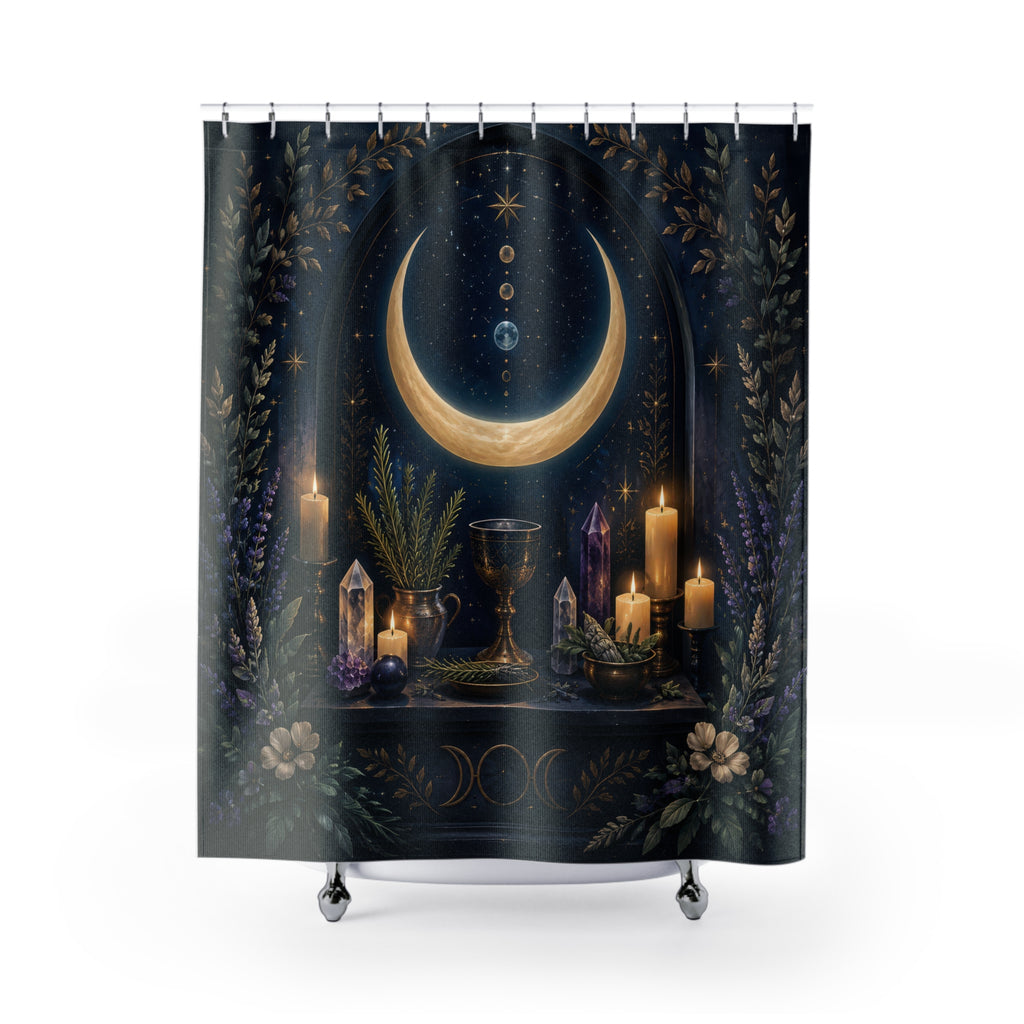 Wiccan crescent moon altar with chalice candles and crystals shower curtain with full front view