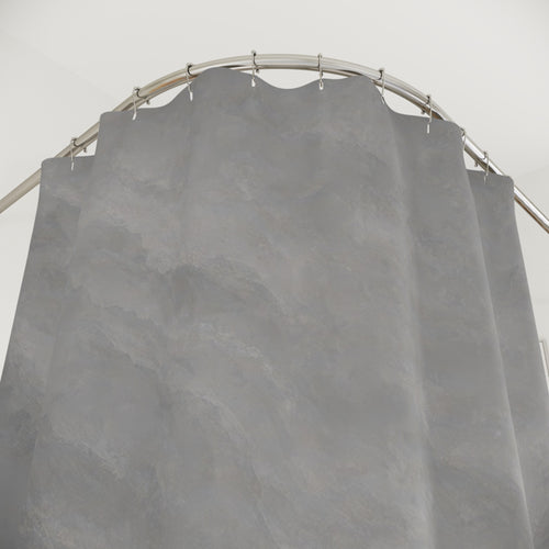 Abstract Watercolor Gray shower curtain with close-up print, hooks, and folds