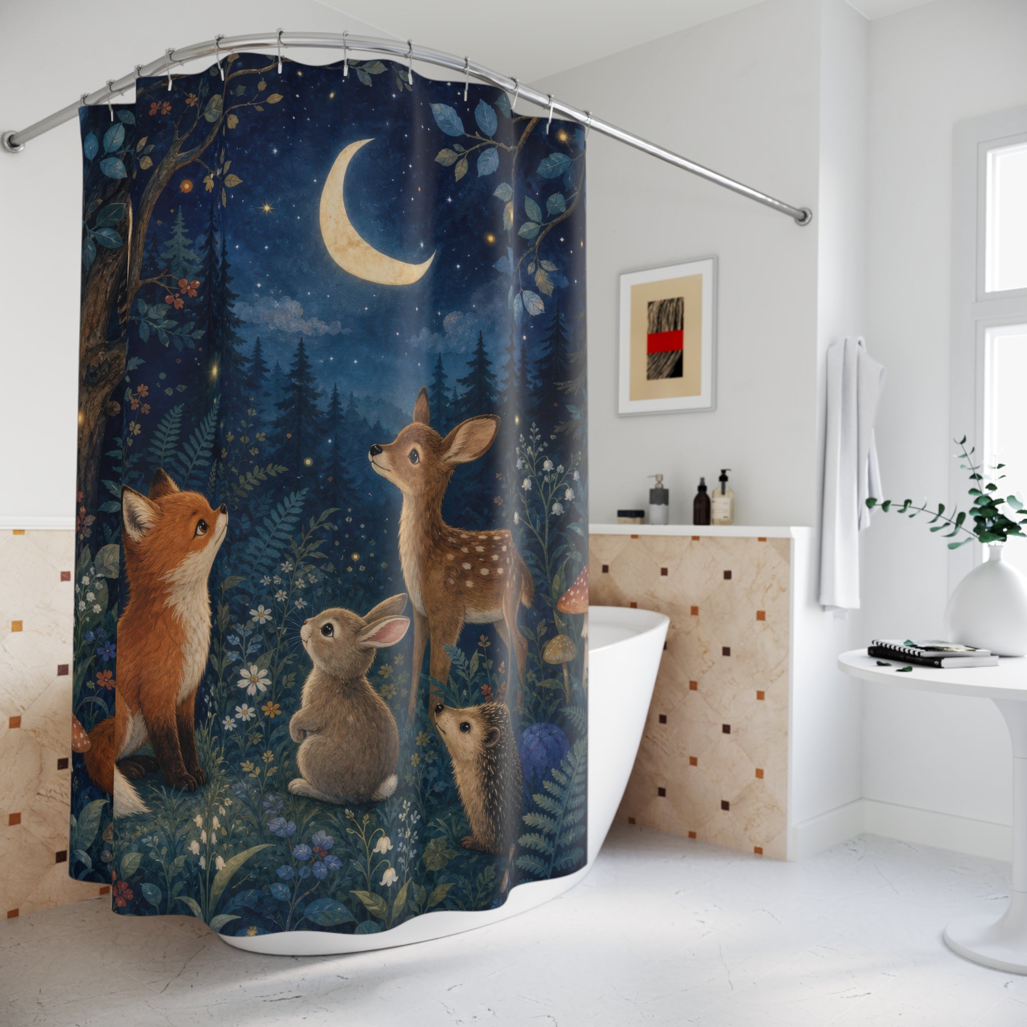 Moonlit Woodland Animals Kids Shower Curtain