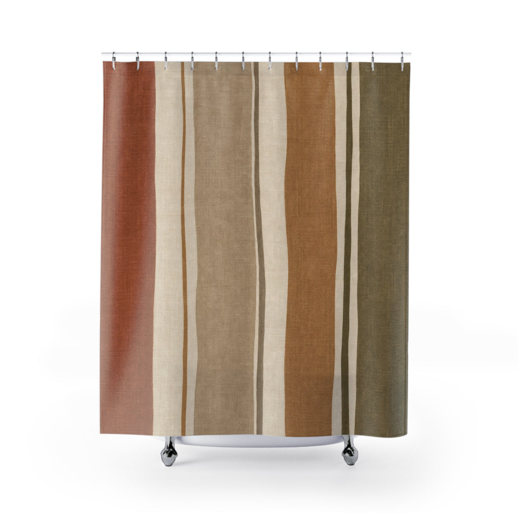 Striped Shower Curtain, Clay Olive Beige Vertical Stripe Pattern, Earth Tone Bathroom Decor, Modern Boho Guest Bath Style