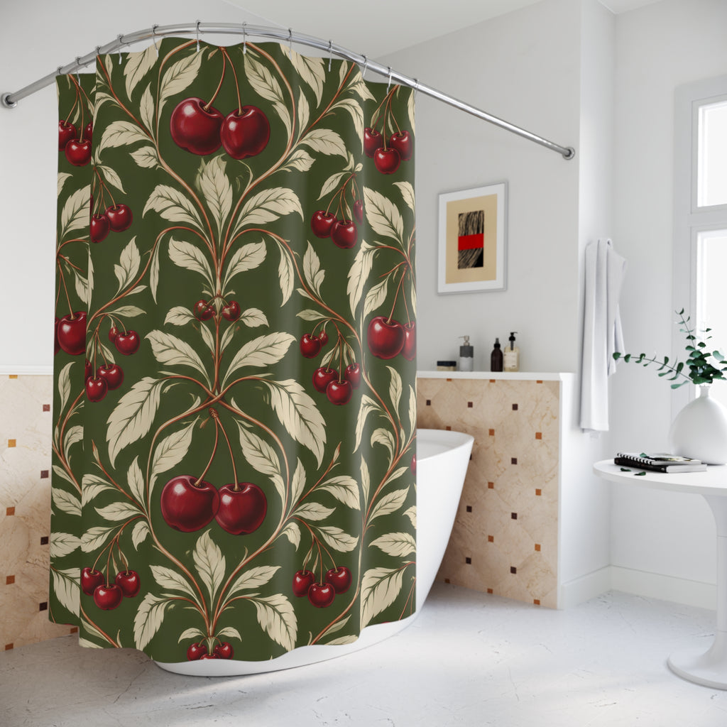 Burgundy cherry and ivory leaf damask on olive green shower curtain beside a freestanding tub