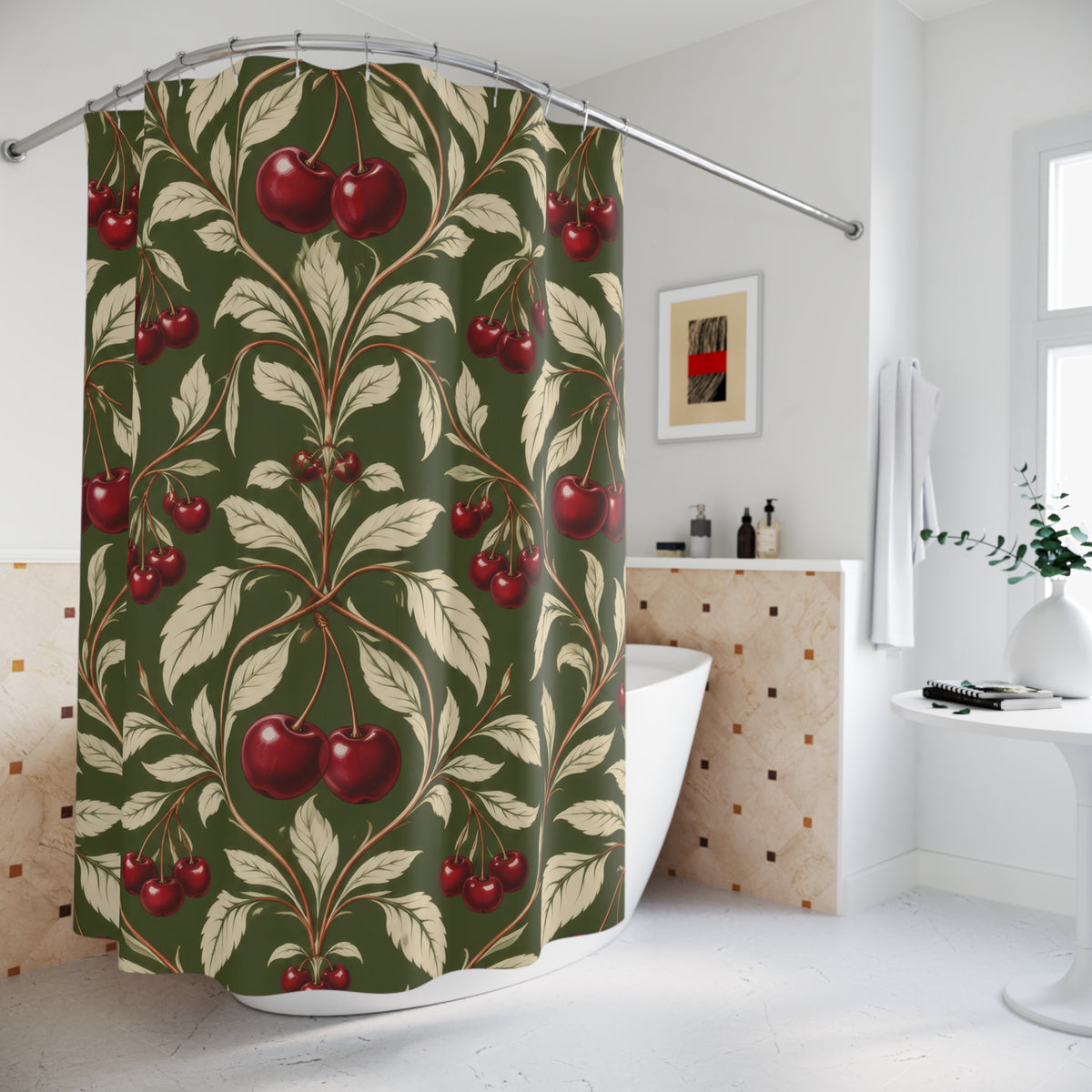 Burgundy cherry and ivory leaf damask on olive green shower curtain beside a freestanding tub