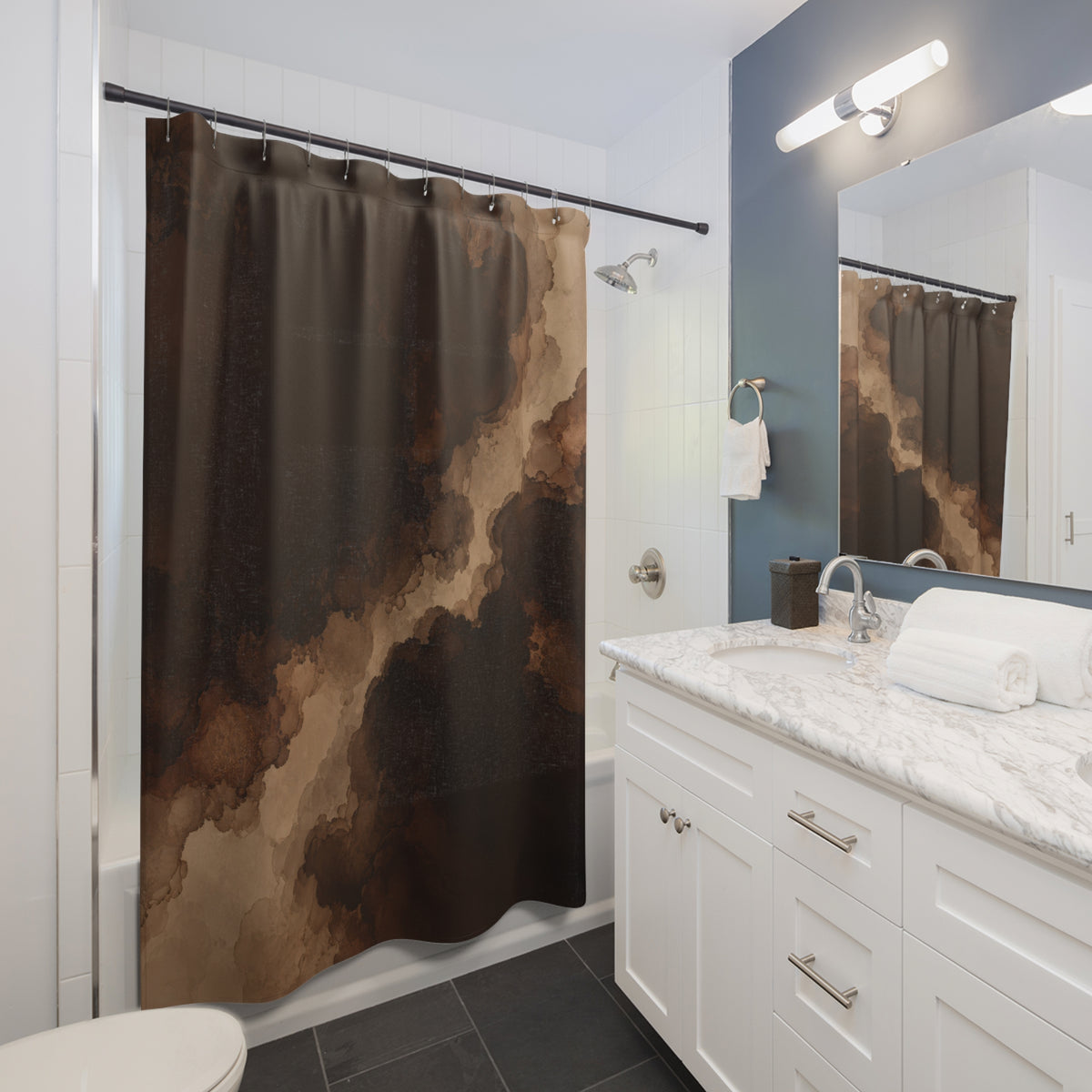 Dark brown ink blooms with a winding tan opening shower curtain beside a white vanity