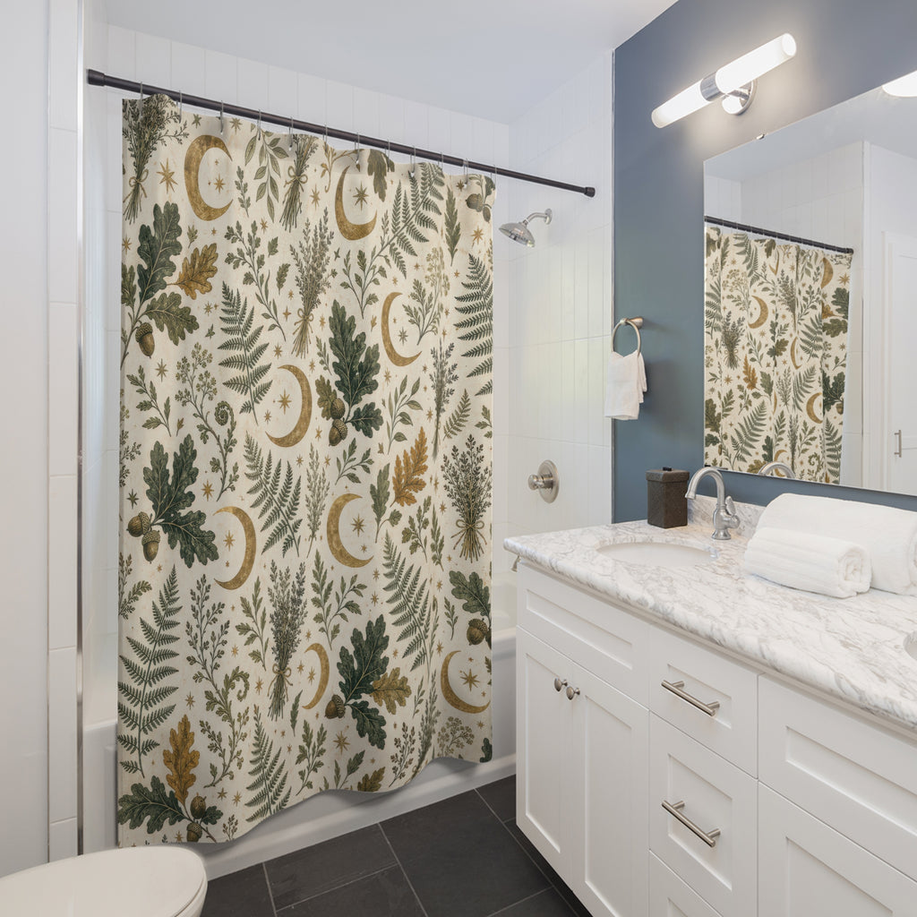 Witchy Botanical Shower Curtain, Moon Fern Bath Decor, Green Oak Leaf Herb Pattern, Cream Sage Celestial Nature Guest Bathroom Decor