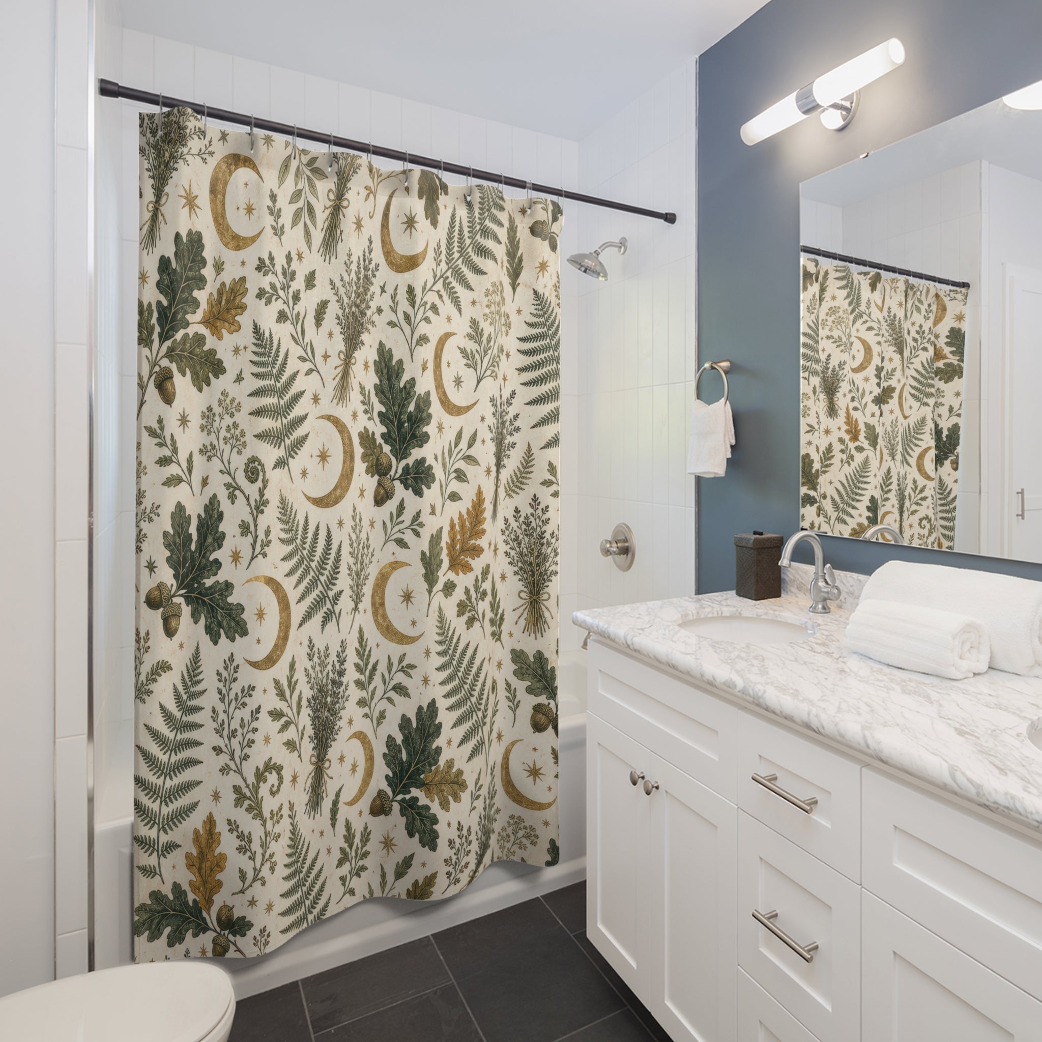 Witchy Botanical Shower Curtain, Moon Fern Bath Decor, Green Oak Leaf Herb Pattern, Cream Sage Celestial Nature Guest Bathroom Decor