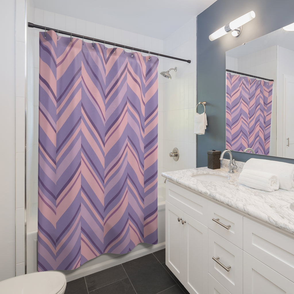 Lavender and blush pink herringbone stripes shower curtain beside a white vanity