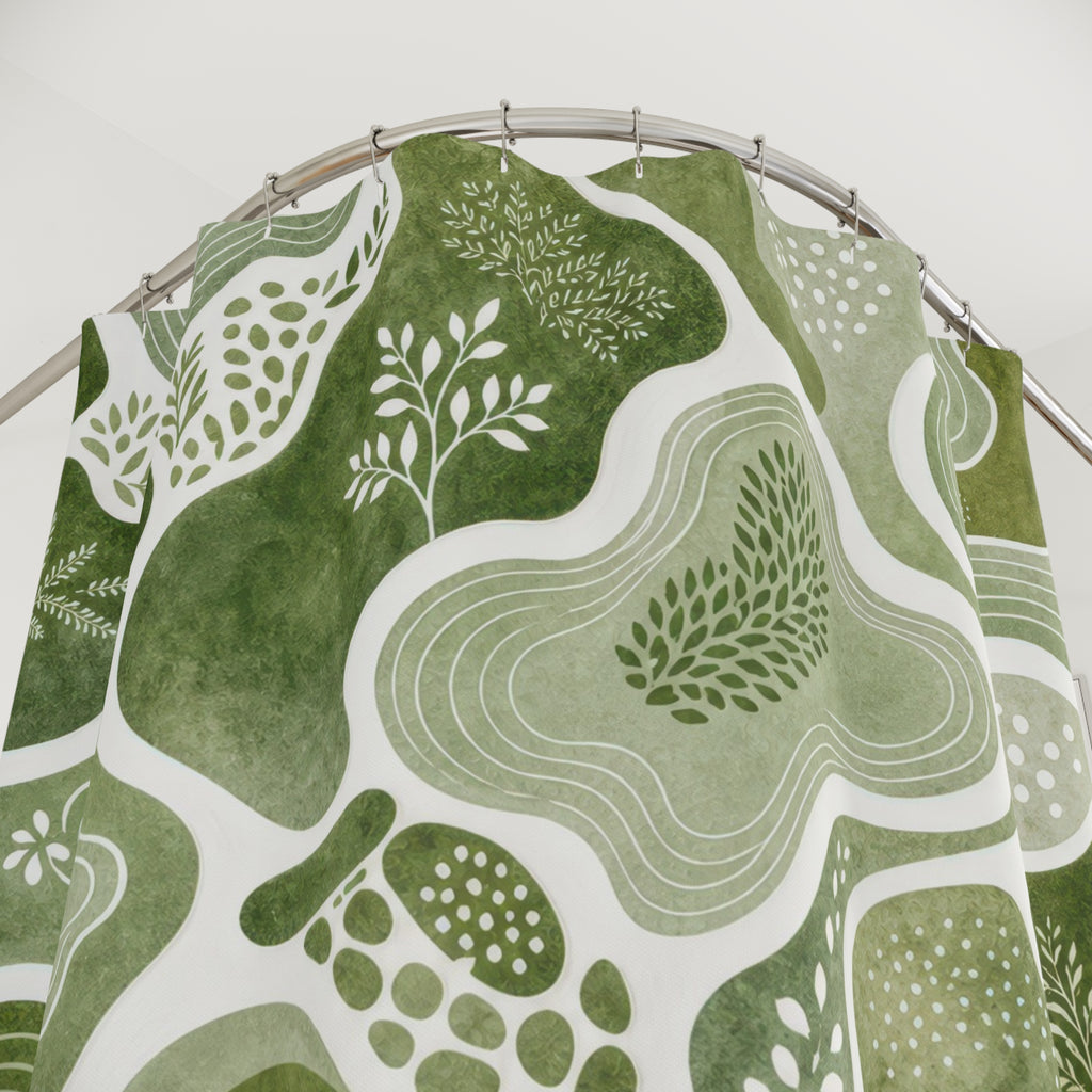 Green White Topographic Botanical Shower Curtain