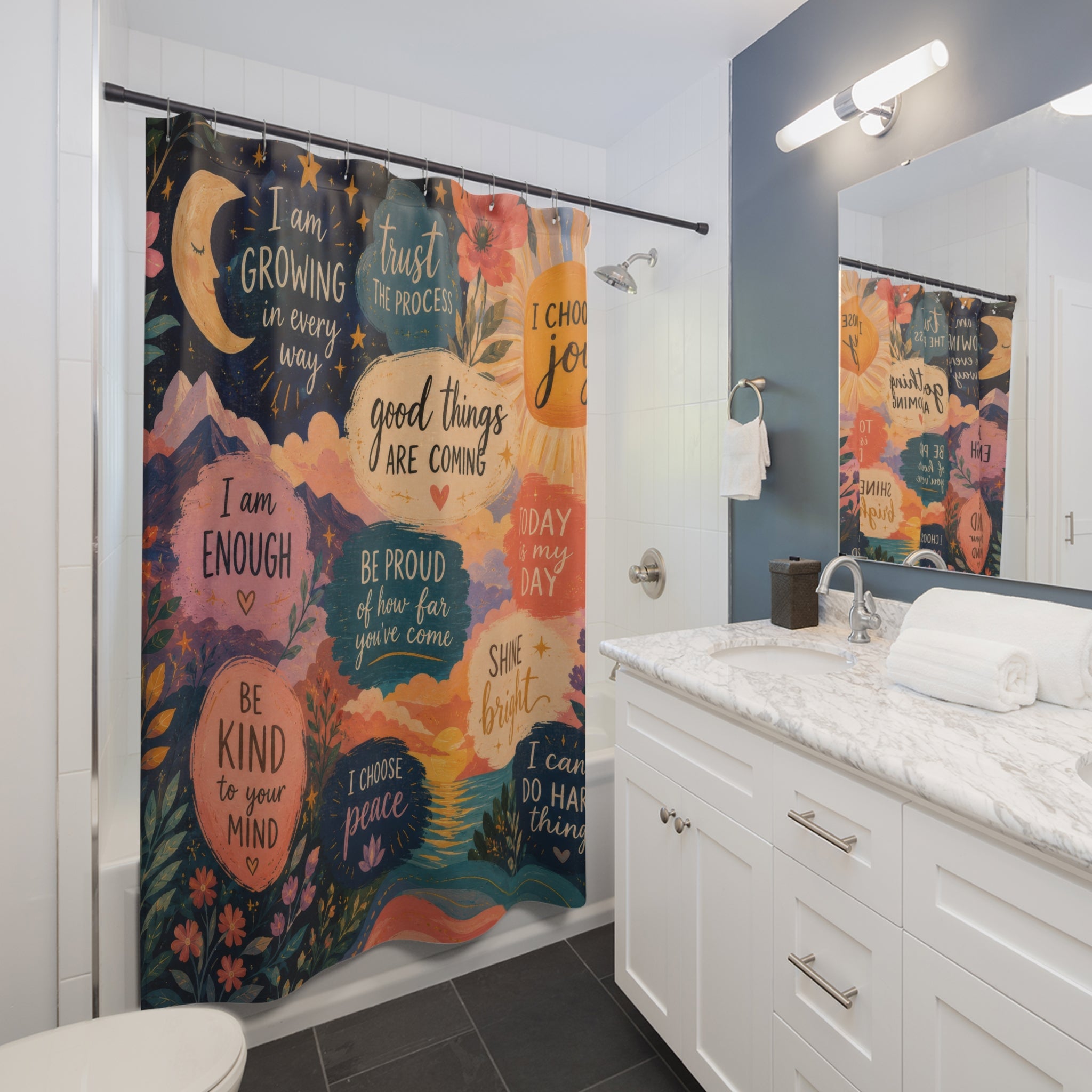 Positive Affirmation Shower Curtain: Navy Celestial