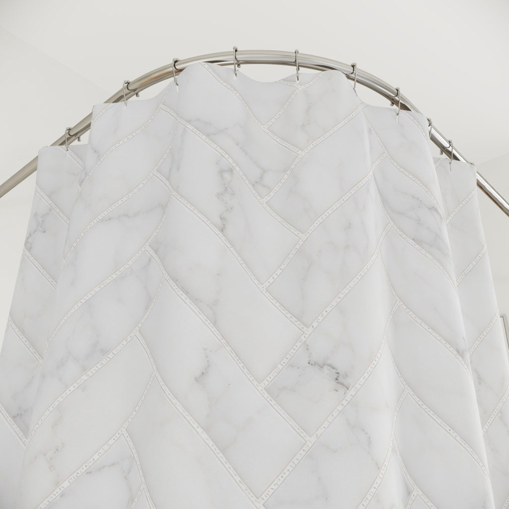 White Marble Herringbone Shower Curtain
