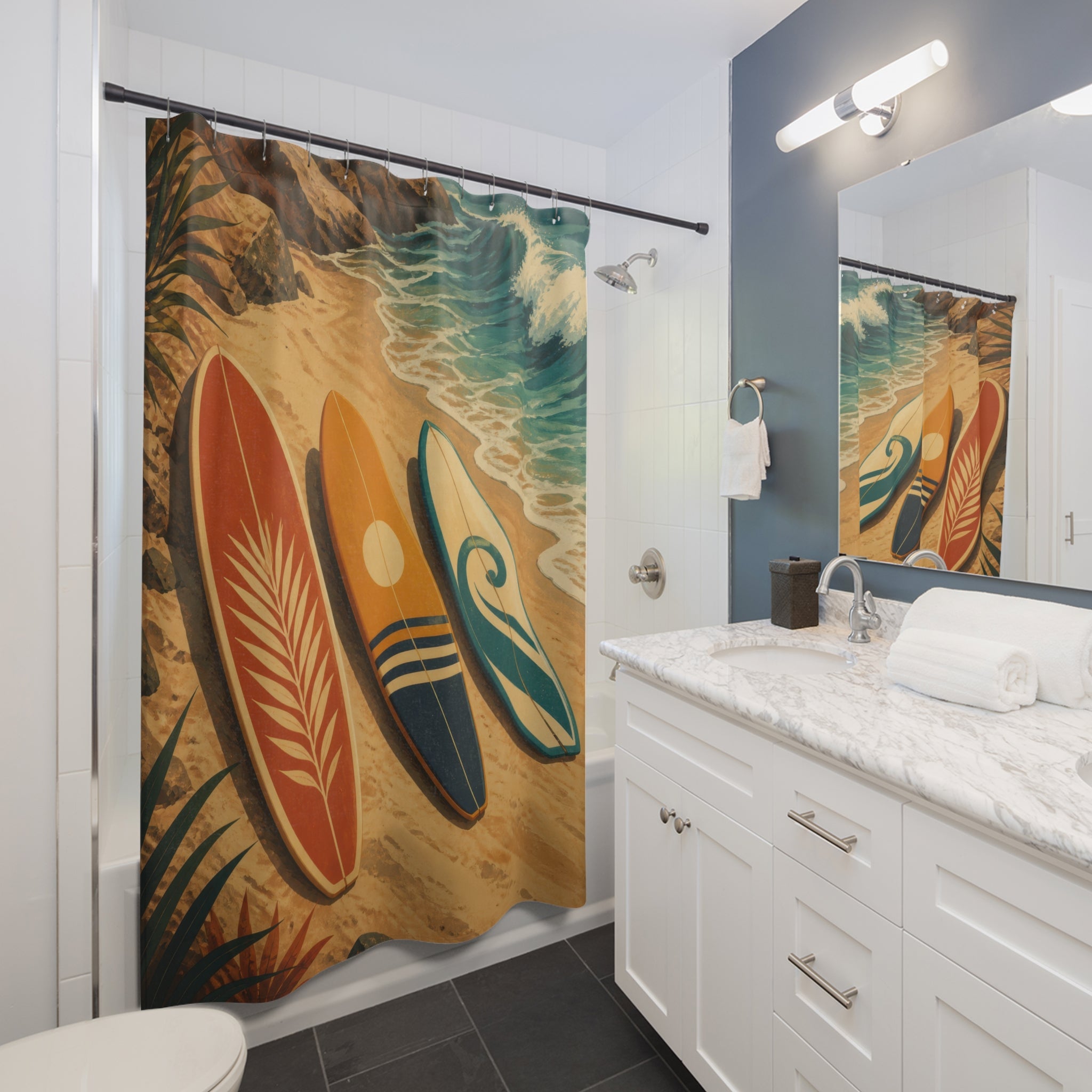 Vintage surfboards beside a curling teal wave shower curtain installed beside a white vanity