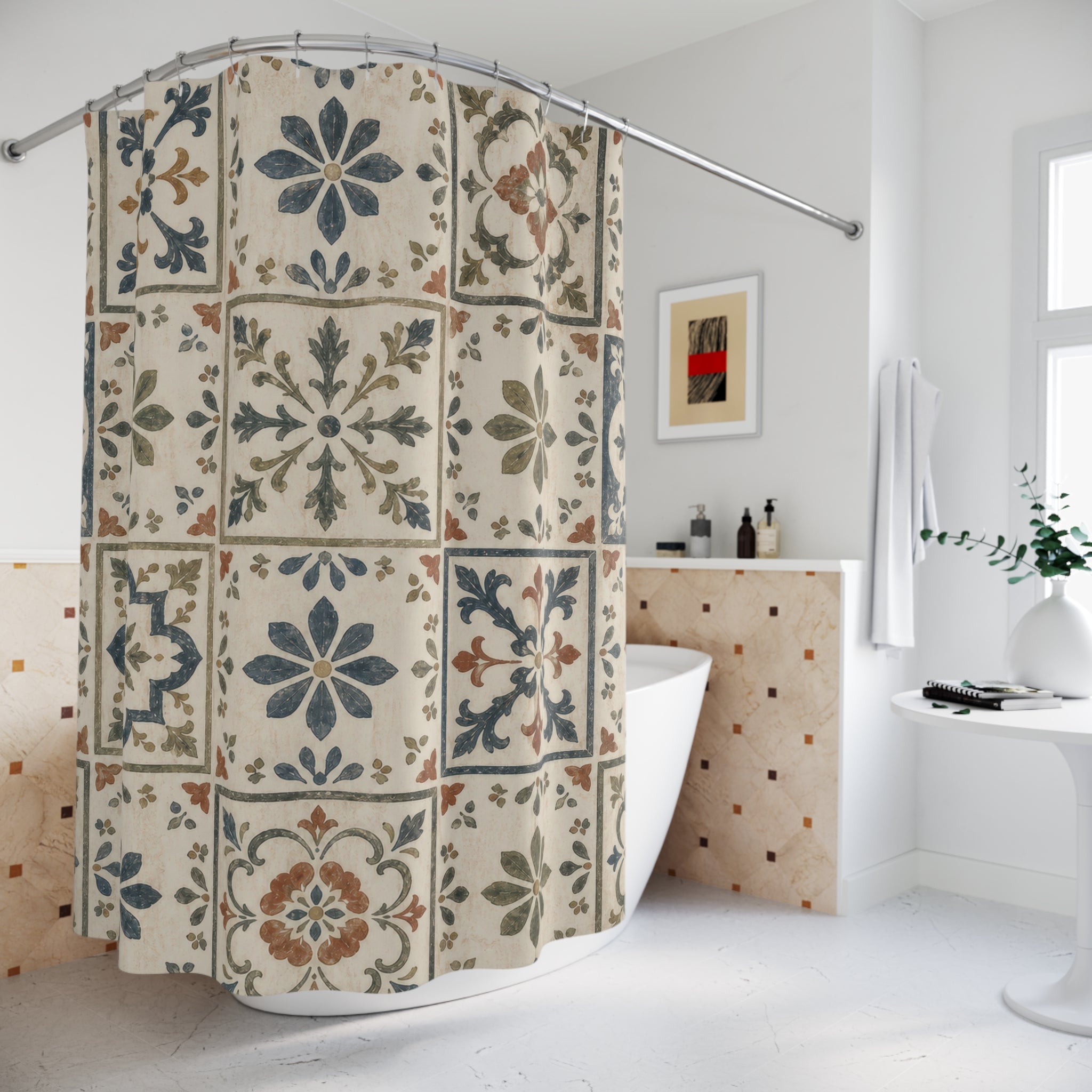 Rustic Blue Tile Shower Curtain