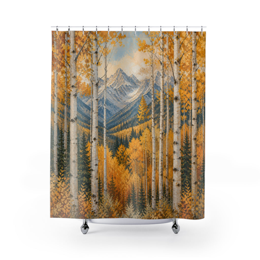 Aspen Shower Curtain, Autumn Mountain Forest Bath Decor, White Birch Tree Golden Leaf Pattern, Nature Inspired Guest Bathroom Decor