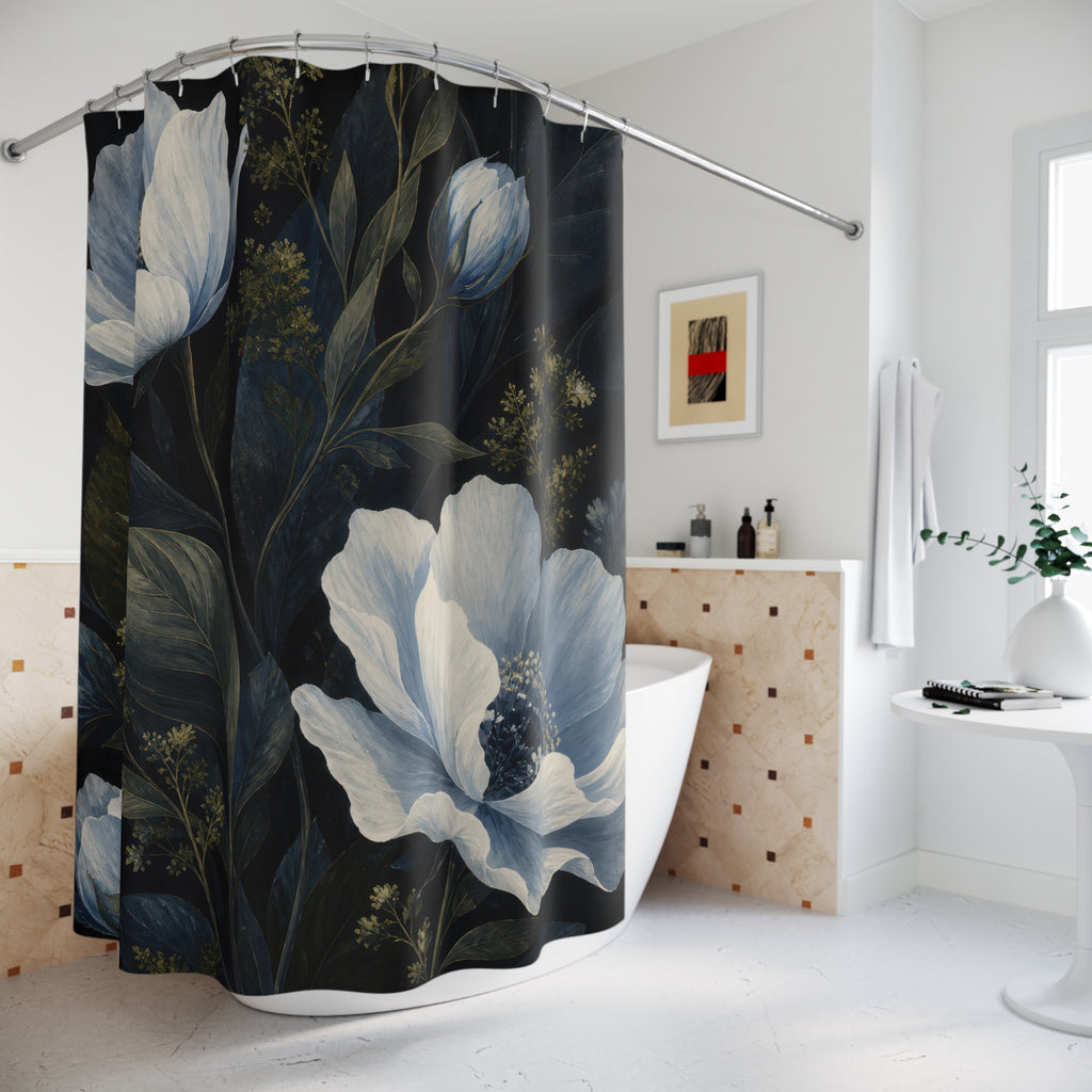 Dark Navy Flower Blue Floral Shower Curtain