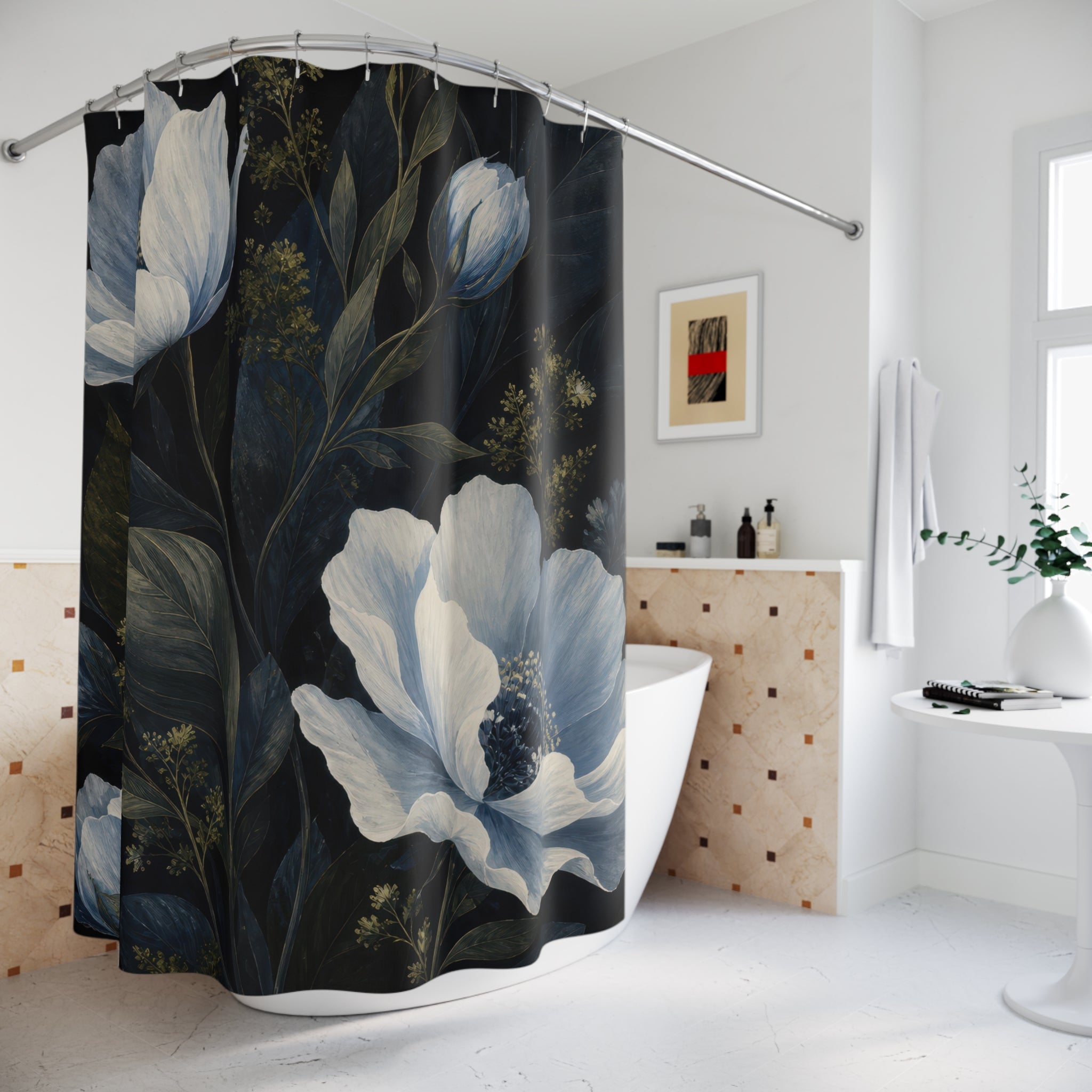 Dark Navy Flower Blue Floral Shower Curtain