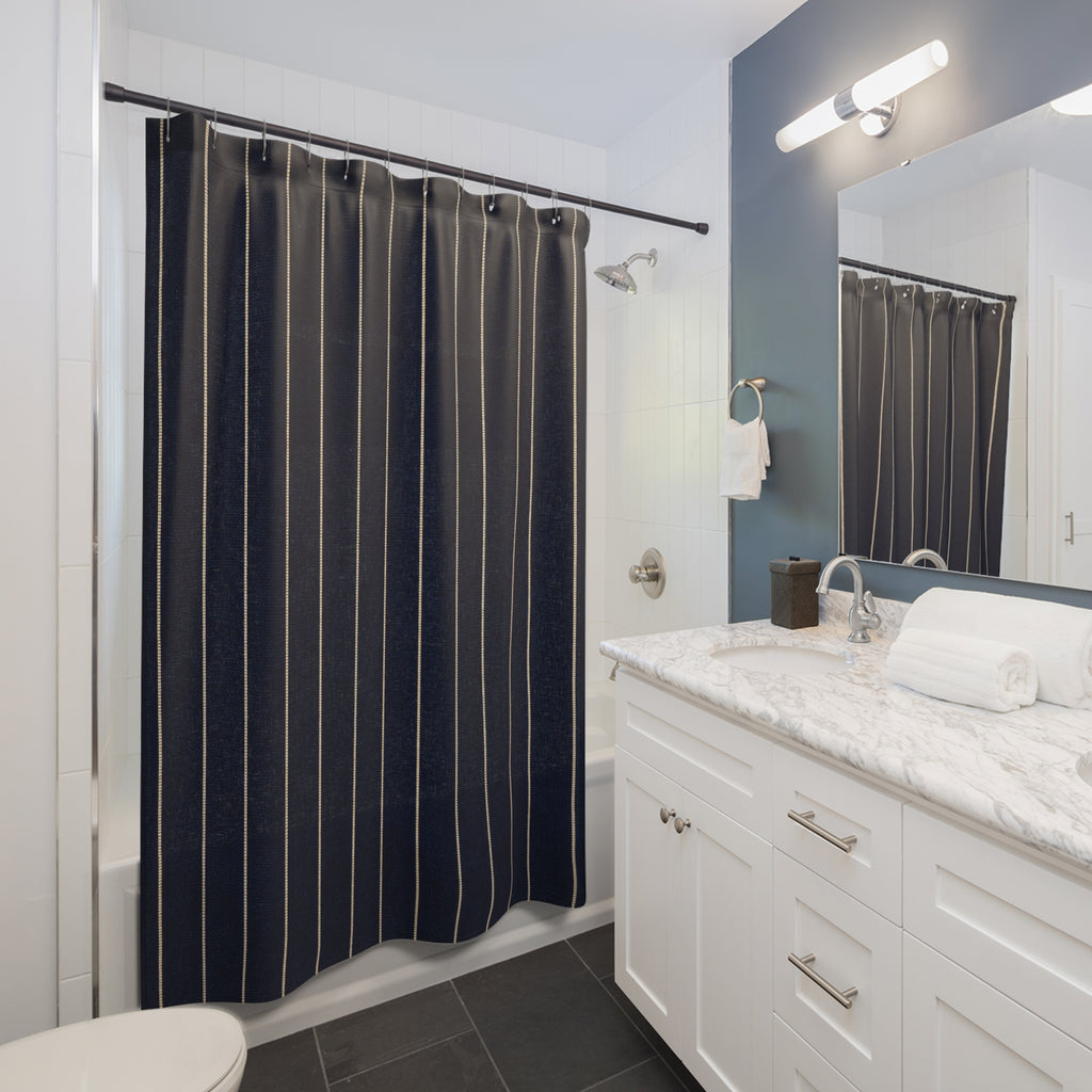 Dark Navy Blue Tan Pinstripe Shower Curtain