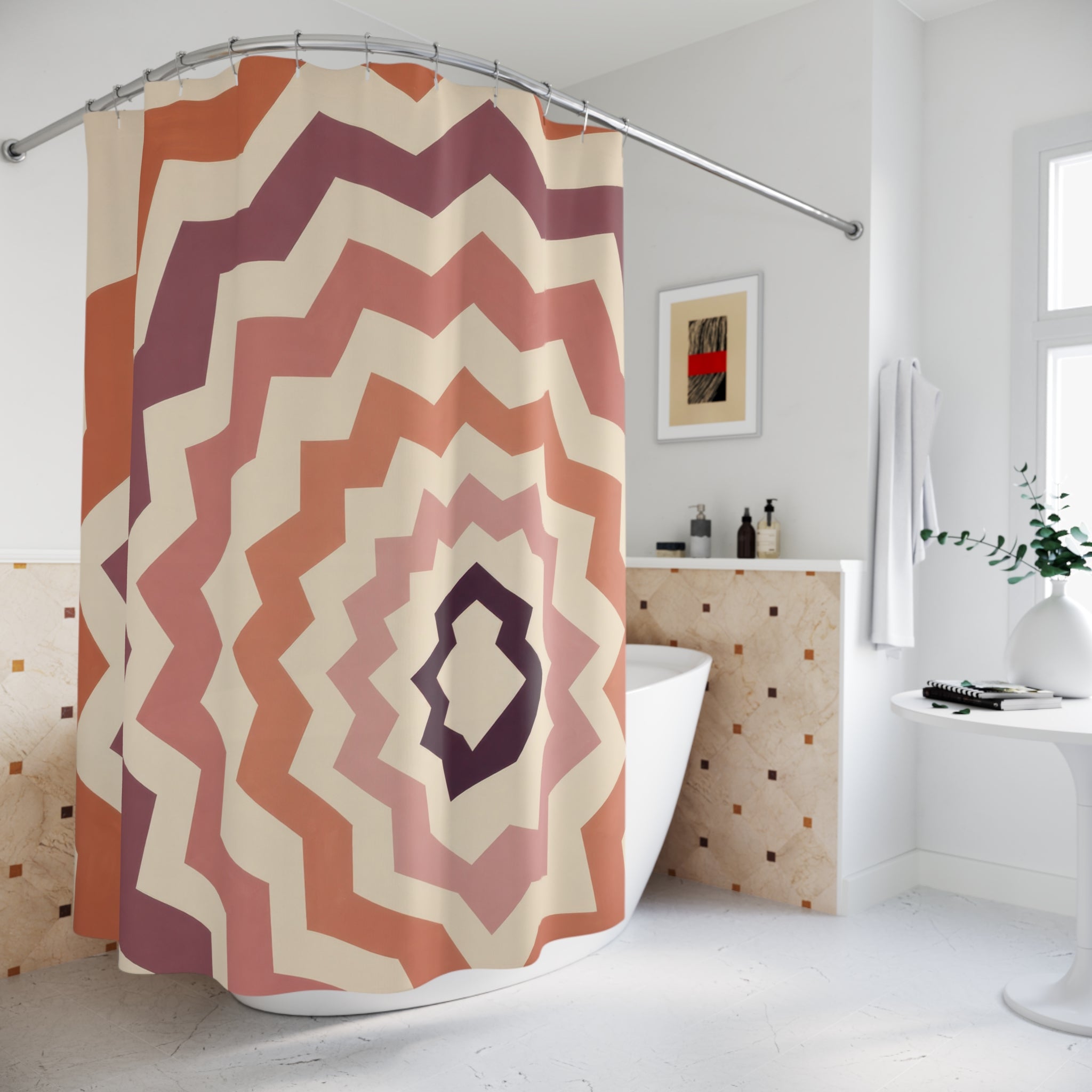 Terracotta and plum nested zigzag diamond ripples shower curtain beside a freestanding tub