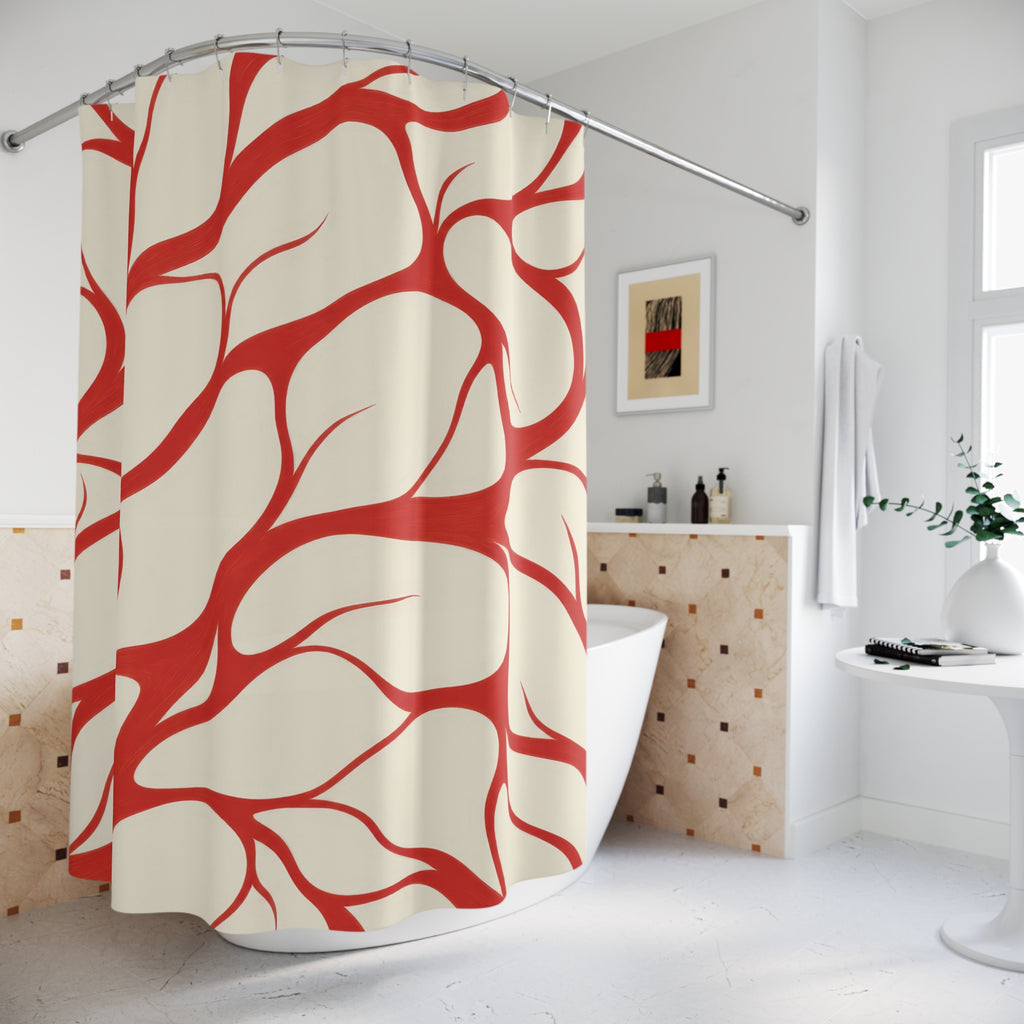 Red tapered branching lines across warm cream shower curtain beside a freestanding tub
